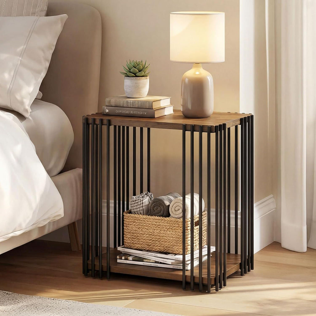 Giantex 2-Tier Wood Side Table - Narrow Sofa Couch End Table with Open Storage Shelves & Unique Metal Frame, Rustic Night Stand for Bedroom Living Room (1)