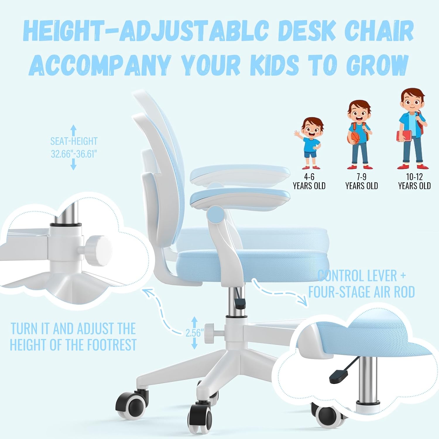 Ergonomic Kids Desk Chair 4-12, Adjust Height Children Study Computer Chair | Mesh Student Teen Task Gaming Chair | with Footrest & Flip-up Armrest & 360° Wheels | Children Office Chair for Boys Girls