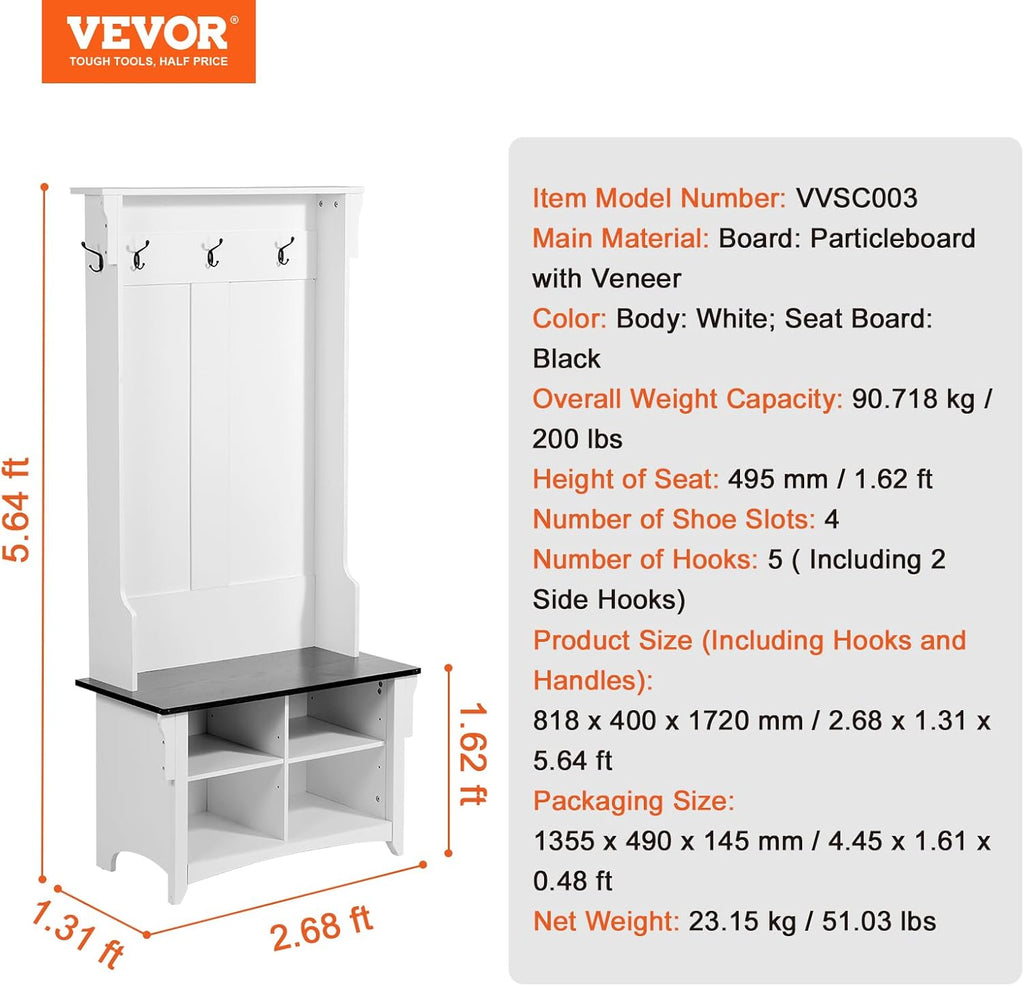 VEVOR Hall Tree Entryway Bench, Coat Rack with Shoe Storage, 32" Wide Mudroom Bench with Seating and Adjustable Shelves, 5 Hanging Hooks and 4 Storage Drawers, for Mudroom, Entryway, Hallway