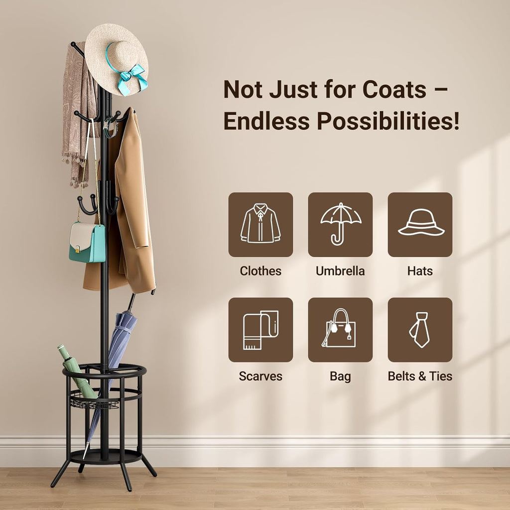 ELYKEN Coat Rack Freestanding, Metal Coat Rack with Umbrella Holder | 12 Hooks, Round Base, Heavy Duty Floor Standing Coat Tree for Entryway, Hallway, Living Room, Bedroom, Office, Black
