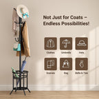 ELYKEN Coat Rack Freestanding, Metal Coat Rack with Umbrella Holder | 12 Hooks, Round Base, Heavy Duty Floor Standing Coat Tree for Entryway, Hallway, Living Room, Bedroom, Office, Black