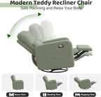 Swivel Rocker Recliner, Oversized Manual Boucle Nursery Glider Rocking Recliner Chair with Removable Cushion, Upholstered Teddy Swivel Reclining Chair for Nursery Living Room Bedroom, Green