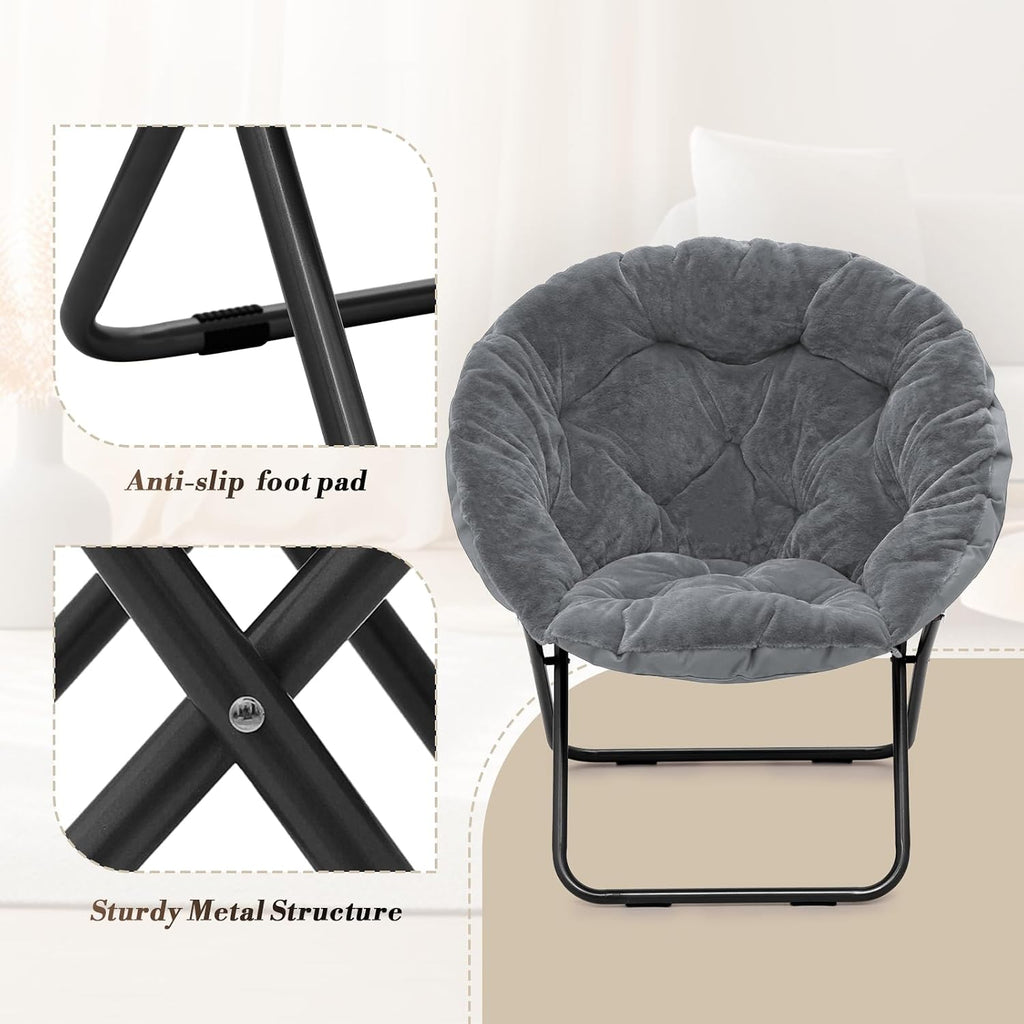Athena Collection Oversized Saucer Chair with Ottoman, Comfy Lazy Chair for Bedroom Living Room, Folding Round Cozy Moon Chair Faux Fur Metal Frame Foldable Reading Chair for Adults, Grey