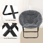 Athena Collection Oversized Saucer Chair with Ottoman, Comfy Lazy Chair for Bedroom Living Room, Folding Round Cozy Moon Chair Faux Fur Metal Frame Foldable Reading Chair for Adults, Grey