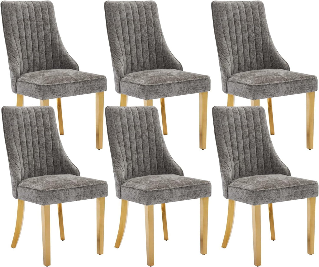 Dining Chairs Set of 6，Modern Channel Tufted Upholstered Dining Chairs with Golden Stainless Steel Legs, Comfortable Chenille Fabric Kitchen Chairs for Dining Room (Grey, 6pc)