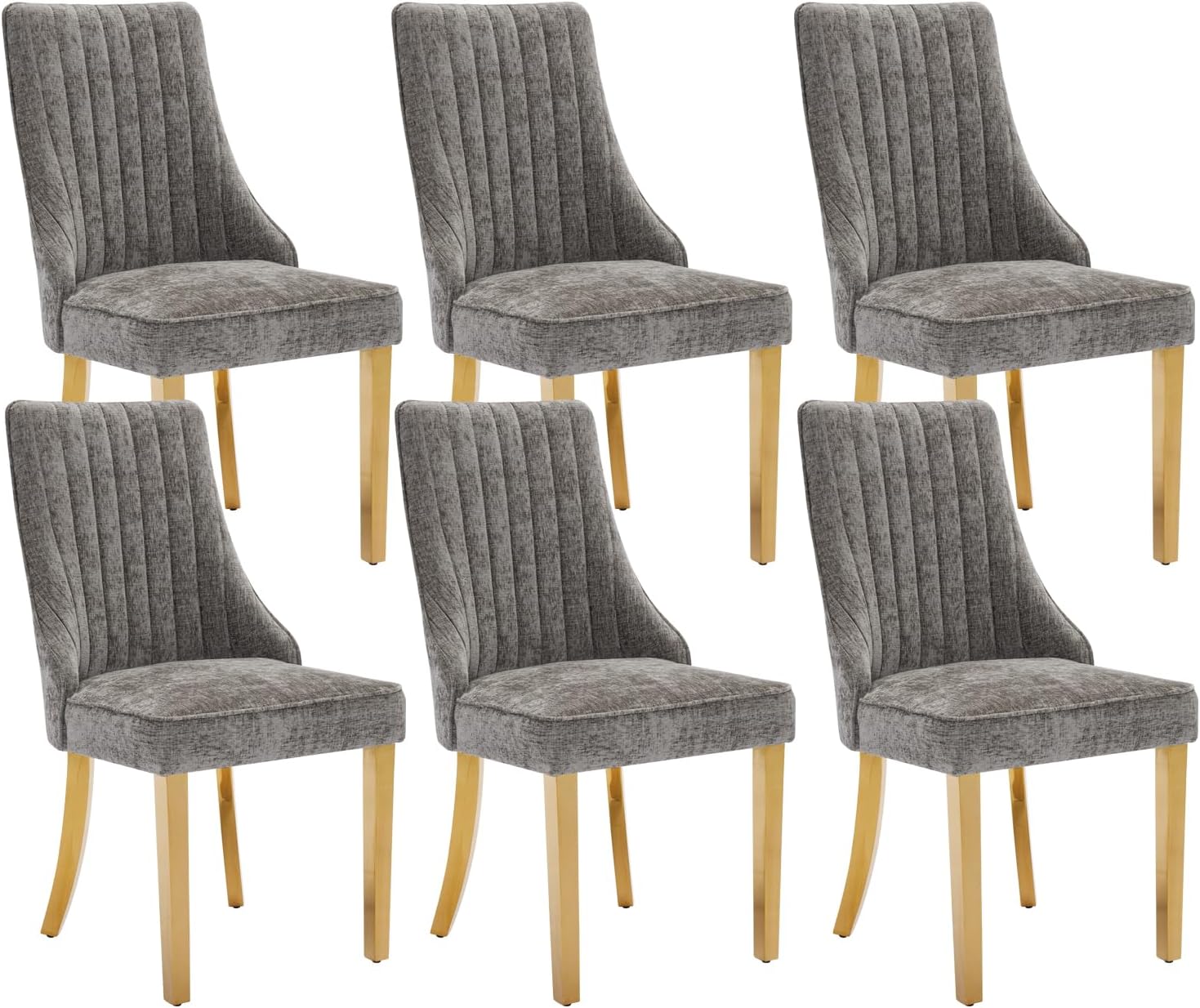 Dining Chairs Set of 6，Modern Channel Tufted Upholstered Dining Chairs with Golden Stainless Steel Legs, Comfortable Chenille Fabric Kitchen Chairs for Dining Room (Grey, 6pc)