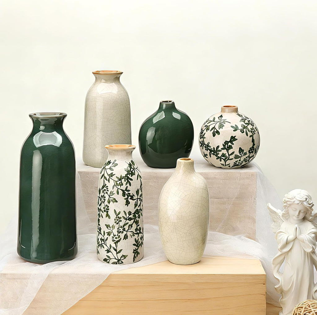 Ceramic Vase Set of 6，Flower Vases for Bouquet，Small Vases for Pampas Grass Dried Flowers，Vintage Vase for Centerpieces，Chinoiserie Decor，Shelf Decor, Table, Living Room Bedroom- Green and Beige