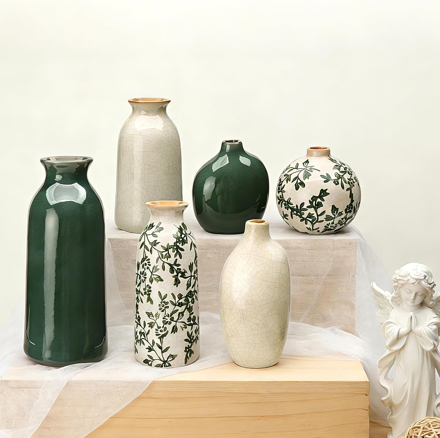 Ceramic Vase Set of 6，Flower Vases for Bouquet，Small Vases for Pampas Grass Dried Flowers，Vintage Vase for Centerpieces，Chinoiserie Decor，Shelf Decor, Table, Living Room Bedroom- Green and Beige