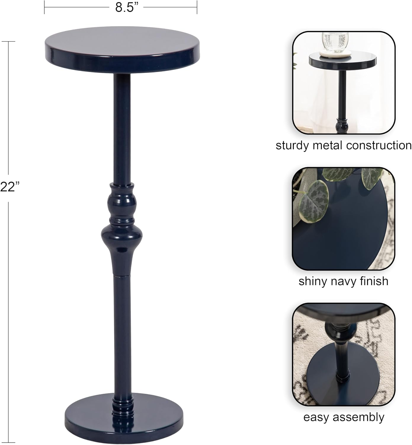 Kate and Laurel Stratton Vintage Round Pedestal Drink Table; 9 x 9 x 22; Navy Blue; Decorative Mini Table for Use as Indoor Plant Stand or Cute Living Room Accent