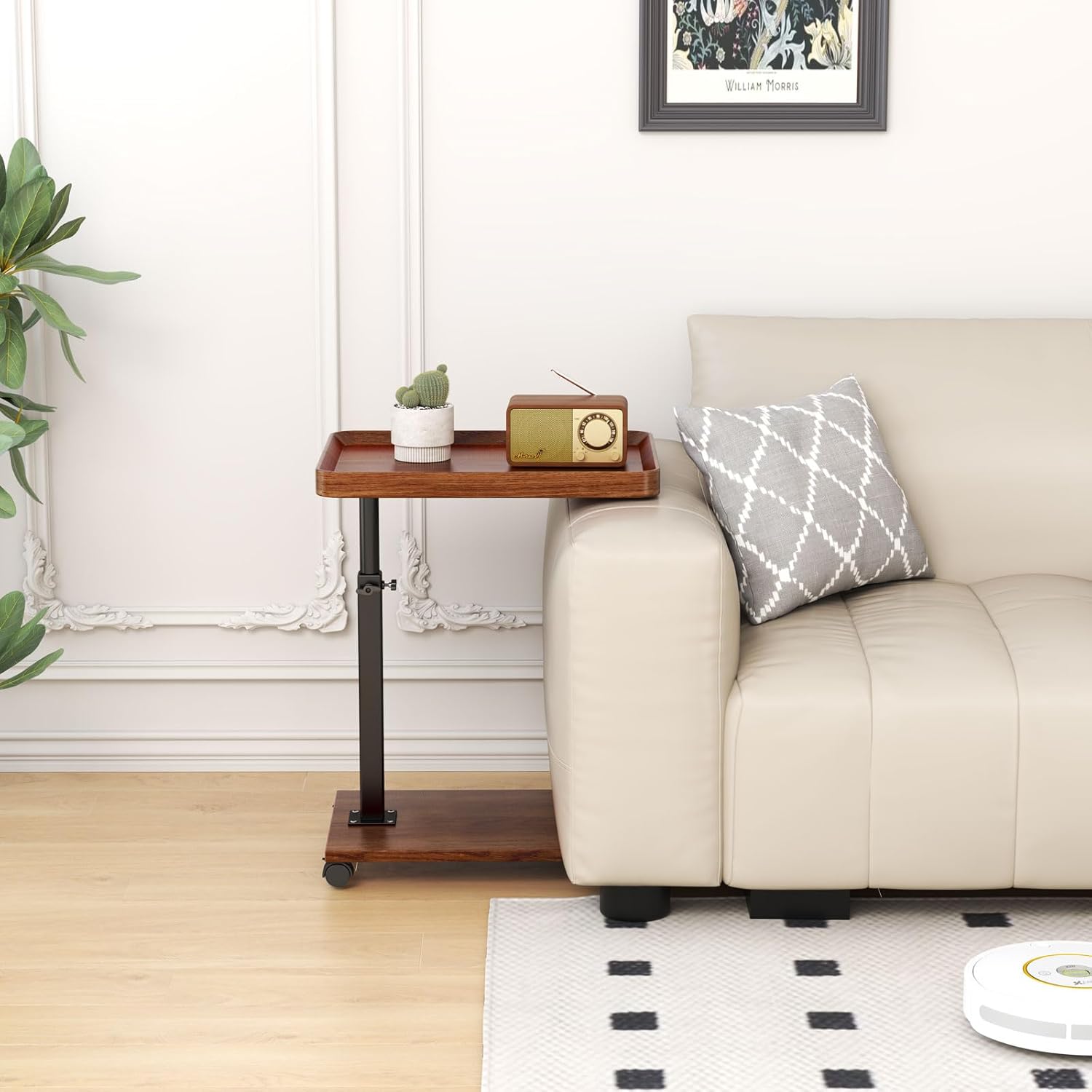 C Shaped Side Table with Wheels, Adjustable Height C Shaped End Table for Couch, 360°Swivel Side Tables that Slide Under, Rolling Small Coffee C Table End Table for Sofa/Bed/Bathtub (Brown)