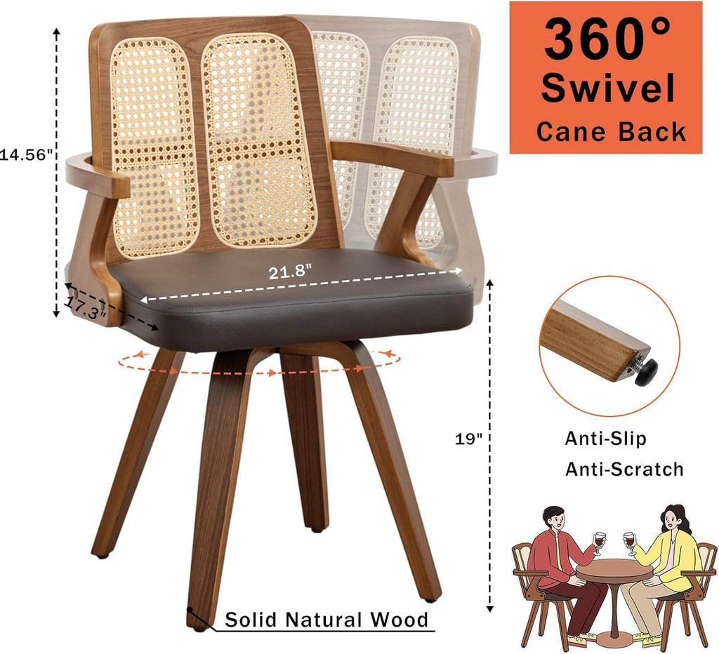 Walnut Dining Chairs - Swivel Rattan Dining Chairs with Bentwood Frame with Ergonomic Cane Back, Curved Arms, MCM Dining Chairs for Kitchen/Restaurant/Living Room/Conference (Walnut Brown, Set of 4)