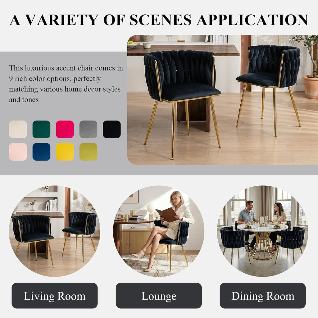 Modern Hand Weaving Dining Chairs Set of 2, Velvet Upholstered Dining Room Chairs with Gold Legs, Elegant Side Chair with Curved Backrest, Accent Chair for Dining Room, Kitchen (Black)