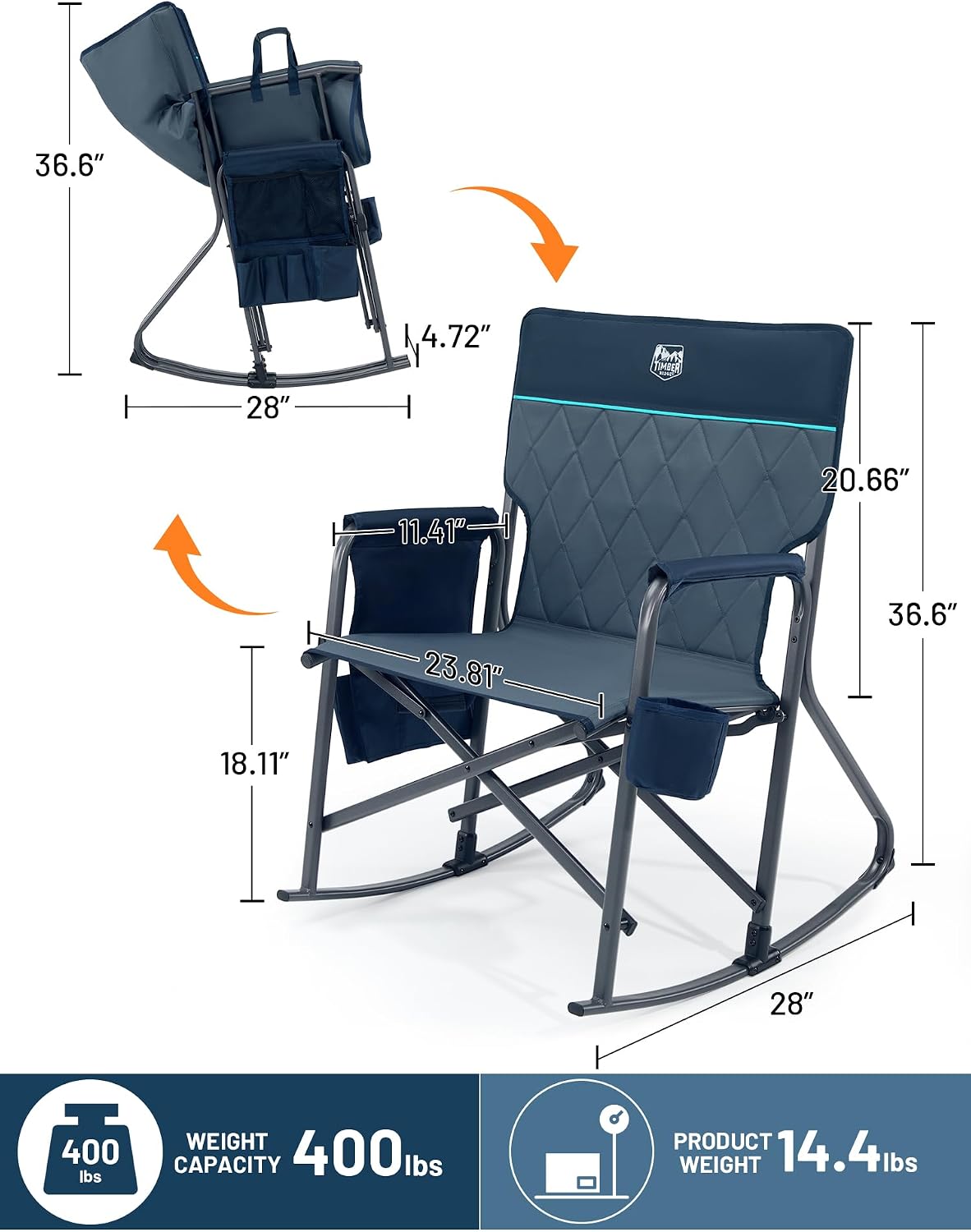Timber Ridge Folding Oversized Rocking Camping Chair, 400lbs Capacity Portable Outdoor Rocker with Hard Armrests, Cup Holder & Side Pocket, Quick-Fold Design for Outdoor, Patio, Lawn, Blue