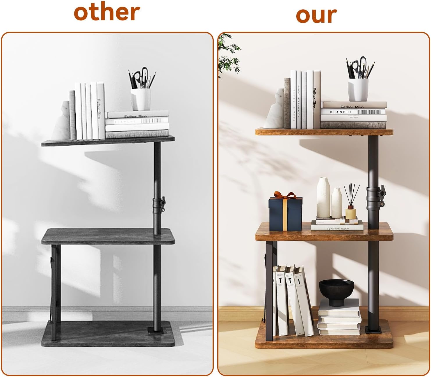 IBUYKE 360° Swivel Height Adjustable Side Table, C Shaped End Table for Small Spaces Sofa/Bed, with Storage Shelf, 3-Tier Night Stand for Living Room, Bedroom,Retro Brown UTVT006H