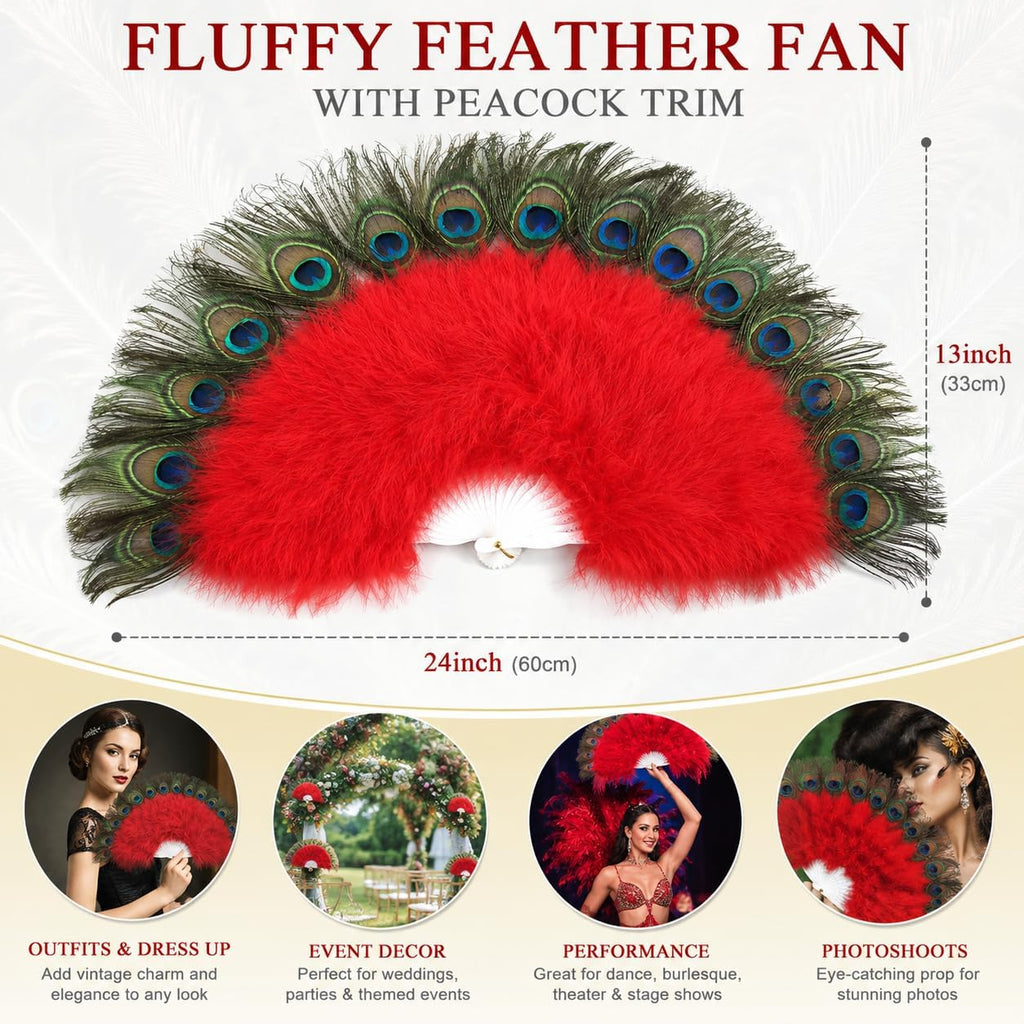 Peacock Feather Fan, Fluffy Feather Folding Hand Fan for 1920s Flapper Costume, Roaring 20s Party, Wedding Decor, Tea Party, Stage Dance (Yellow)
