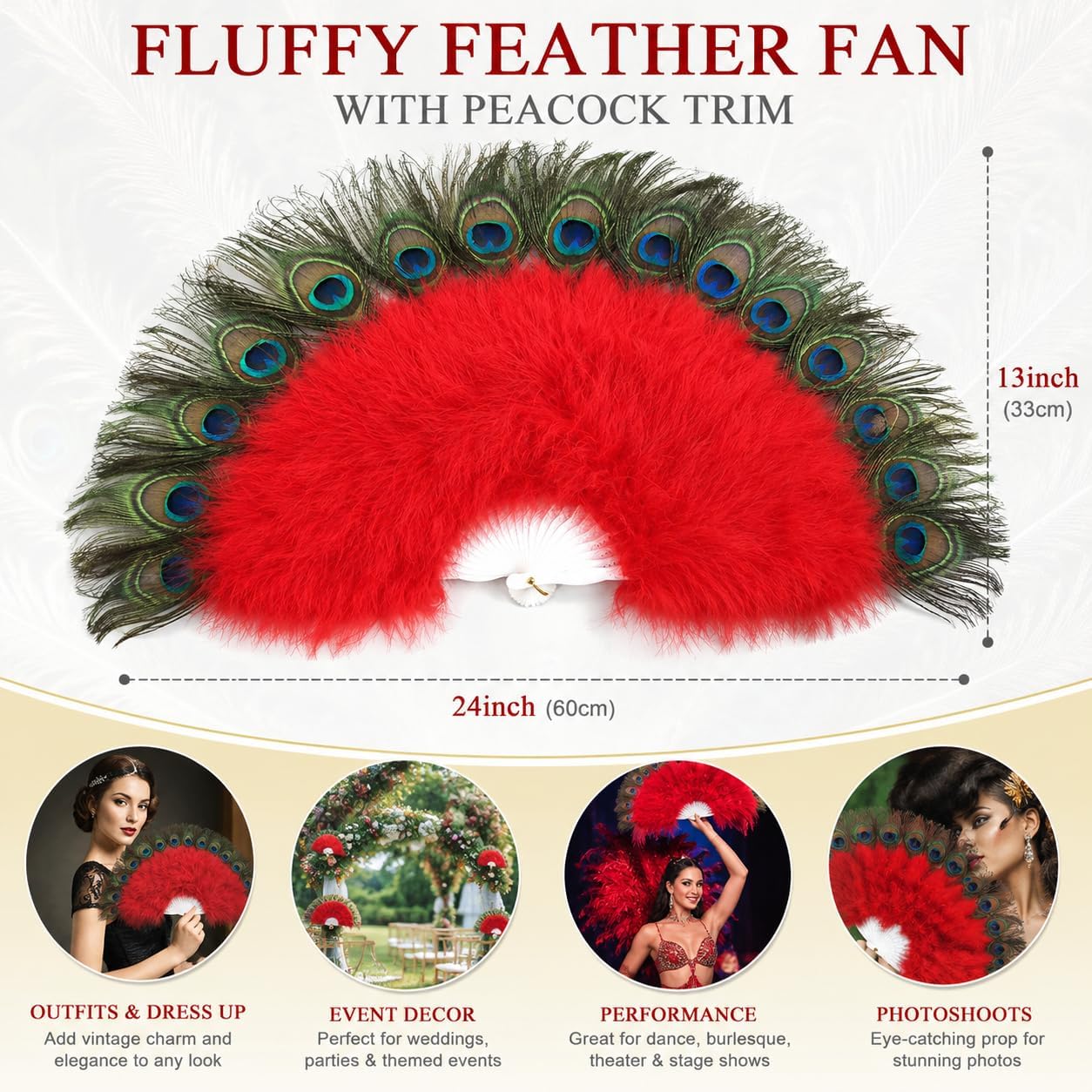 Peacock Feather Fan, Fluffy Feather Folding Hand Fan for 1920s Flapper Costume, Roaring 20s Party, Wedding Decor, Tea Party, Stage Dance (Yellow)