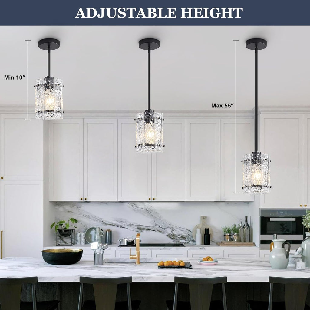 Black Glass Pendant Lights Kitchen Island, Water Ripple Round Pendant Lights Adjustable Modern Hanging Pendant Light Fixtures for Kitchen Island Dining Room Above Sink Foyer Entryway 1 Pack