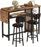 Recaceik Bar Dining Table Set, 59" Expandable Kitchen Counter Height Dining Table Set with Storage Shelves, Cup Holder & Wine Rack, PU Upholstered Stools Bar Table Set with Backrest for Kitchen