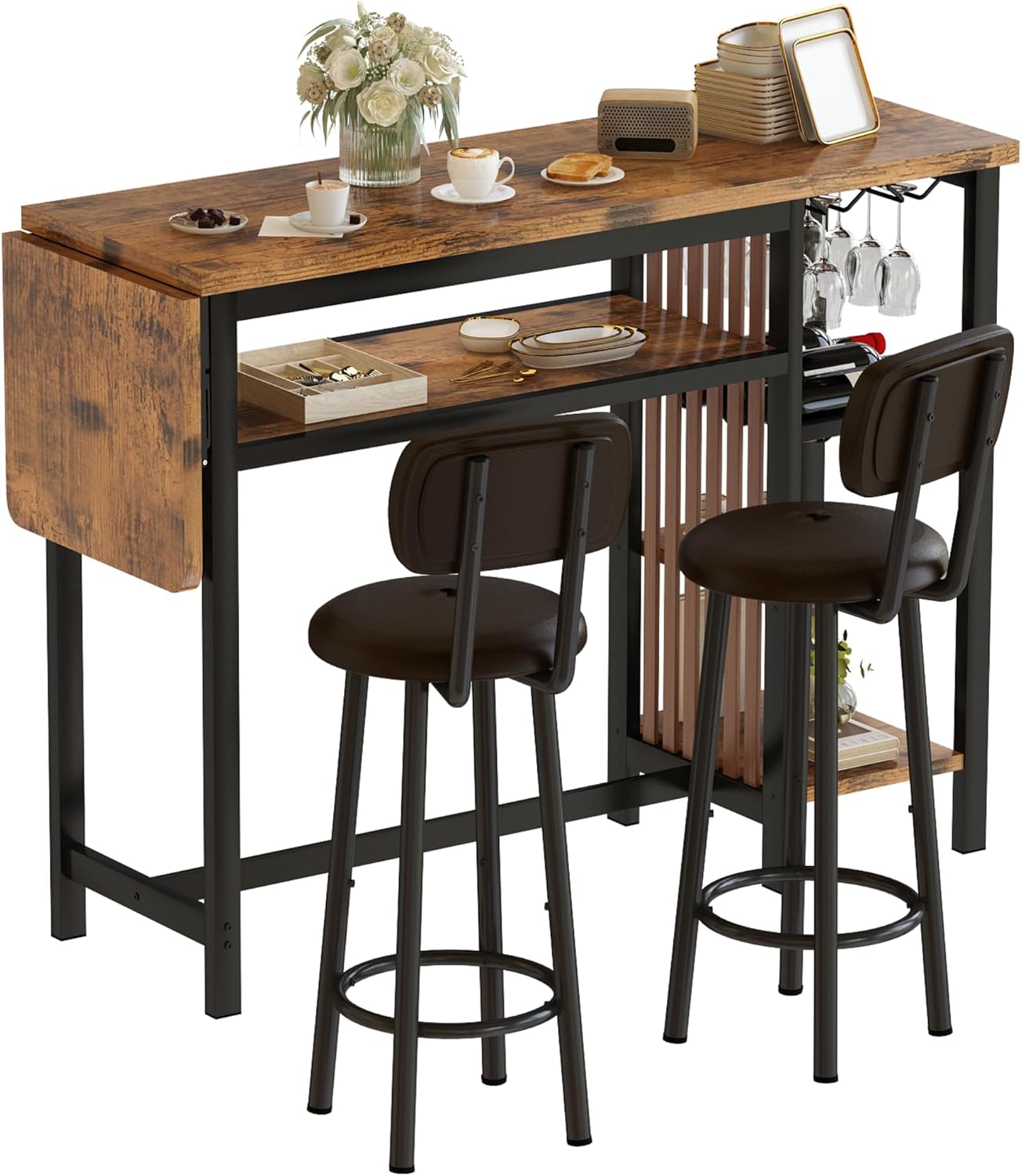 Recaceik Bar Dining Table Set, 59" Expandable Kitchen Counter Height Dining Table Set with Storage Shelves, Cup Holder & Wine Rack, PU Upholstered Stools Bar Table Set with Backrest for Kitchen