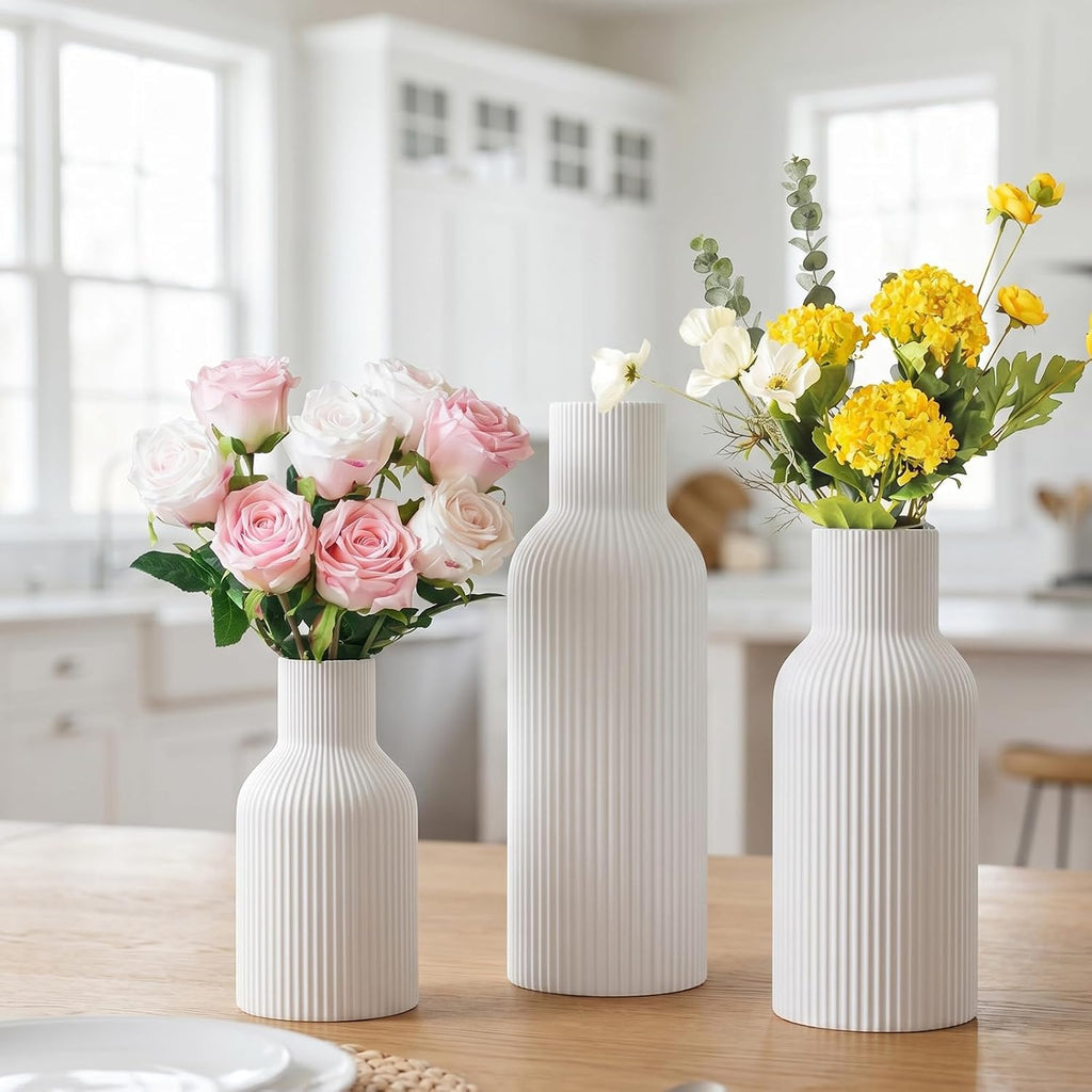 White Ceramic Flower Vases Set of 3, Modern Matte Vertical Ribbed, Nordic Minimalist Decor for Pampas, Dried & Fresh Flowers, Centerpiece for Living Room, Shelf, Entryway, Wedding,Office