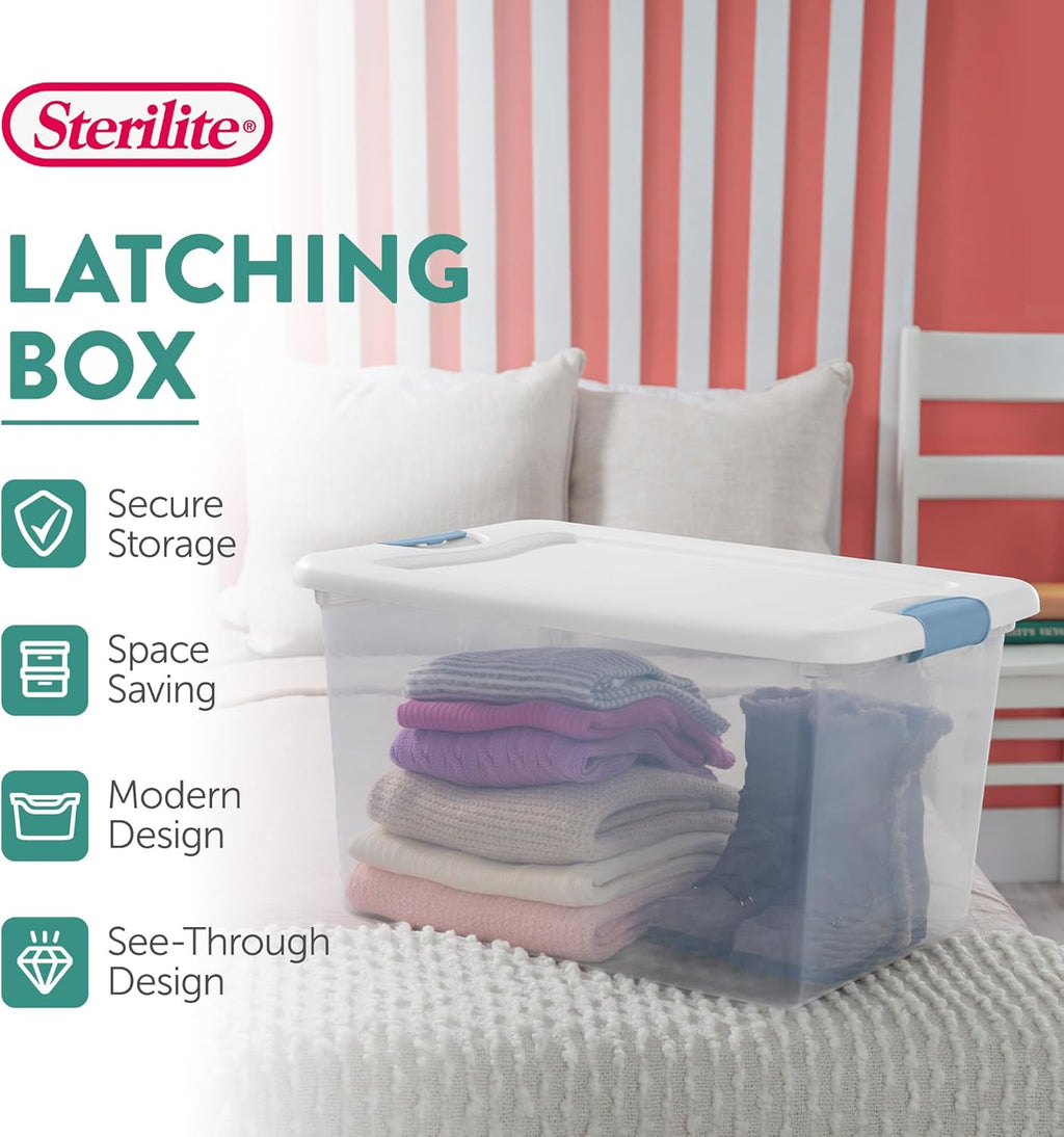 Sterilite 4-Pack 64 Quart Latching Box, Clear Plastic Storage Organizer Bins with White Lids - Large Stackable Containers for Home Bedroom, Dorm Room, and Closet Organization