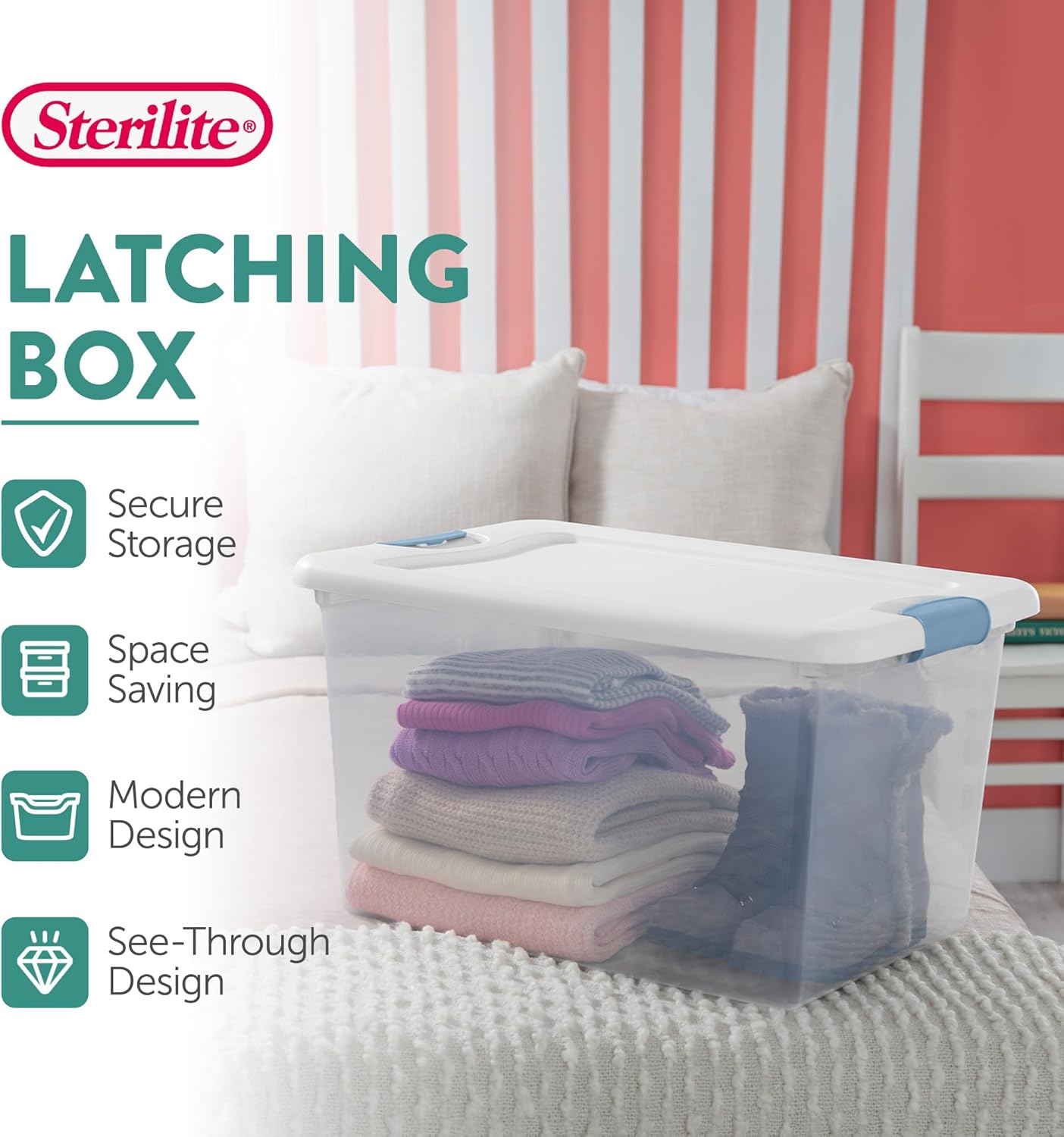 Sterilite 12-Pack Latching Box, Clear Plastic Under Bed Storage Bins with Lids, 64 Quart - Large Stackable Tote Organizer Containers for Closet, Bedroom, Bathroom, and Office Organization