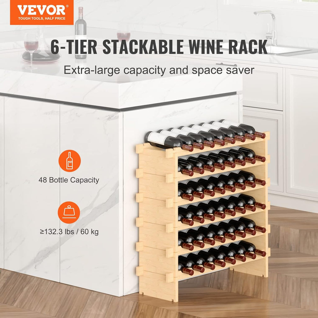 VEVOR 8-Tier 72 Bottles Stackable Modular Wine Rack, Freestanding Wines Holder Display Shelf, Solid Bamboo Wood Storage Racks, Wobble-Free Shelves for Kitchens, Dining Rooms, Cellars, Natural Color