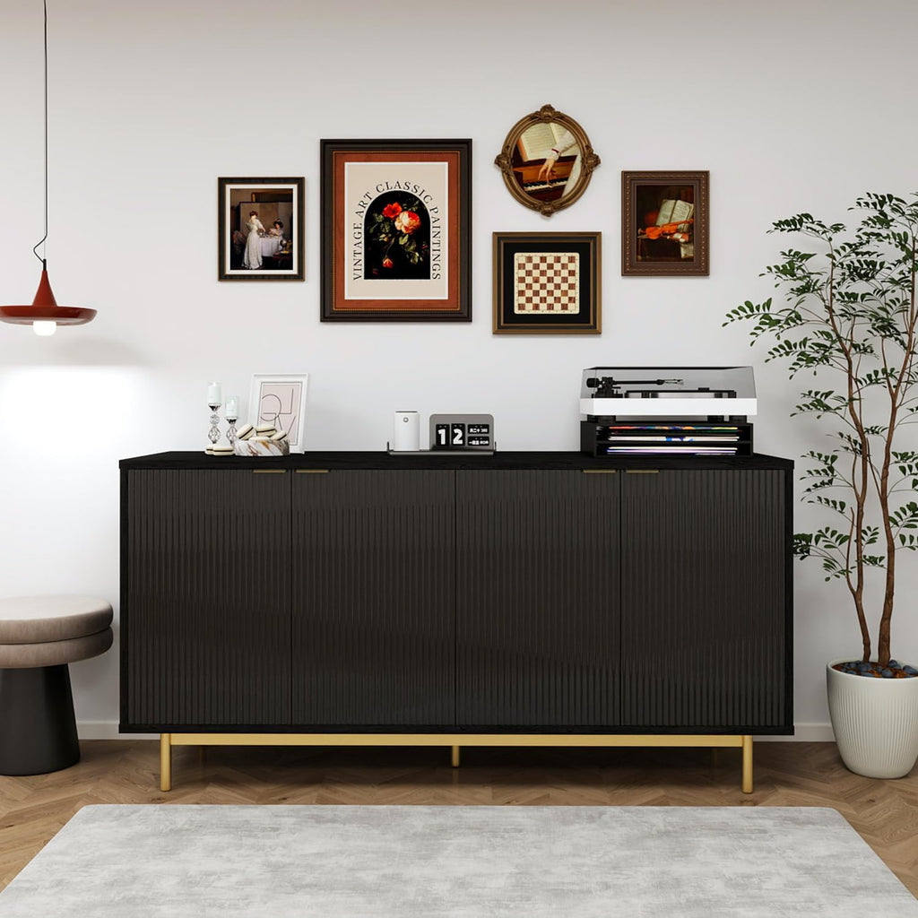 MUUEGM Buffet Cabinet with Storage, 58" Fluted Sideboard Kitchen Storage Cabinets with Shelves and 4 Doors, Modern Wood buffets & Sideboards for Dinging Room, Living Room, Black Storage Cabinet