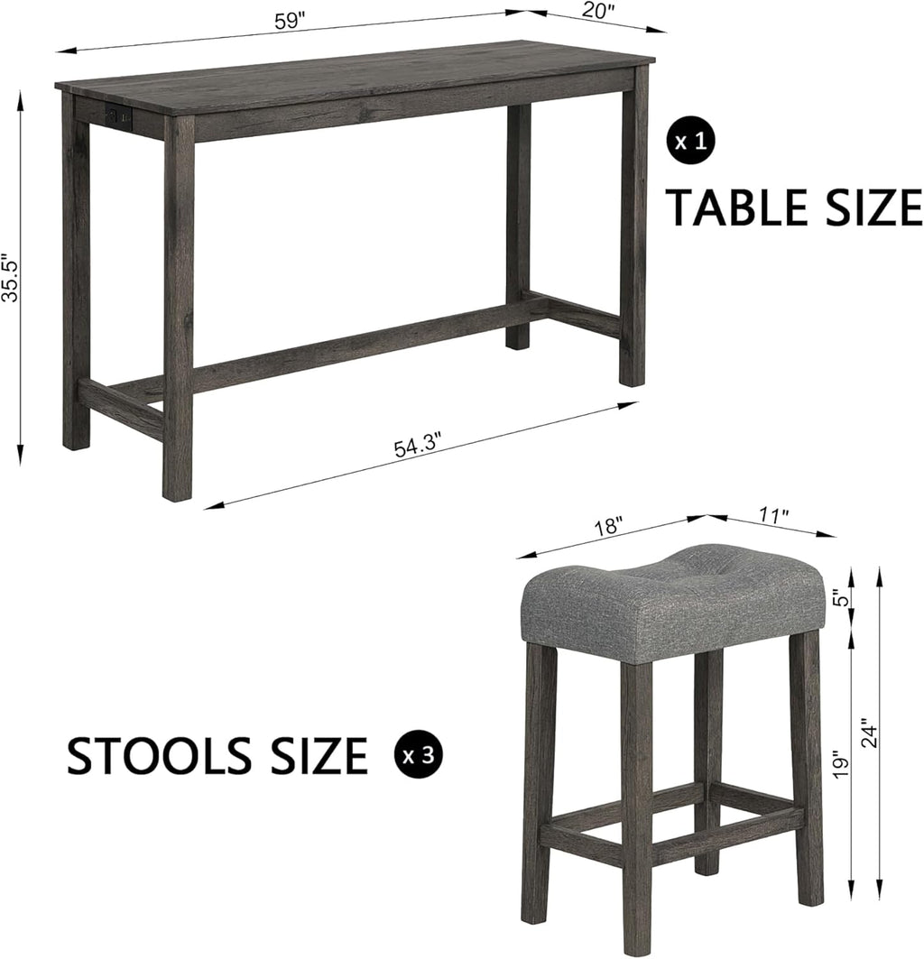 KEIKI 4-Piece Bar Table Set with Power Outlet, USB Ports, and 3 Padded Stools, Dining & Game Room Furniture, Sturdy Wooden Frame, Rustic Faux Wood Design, Dark Gray