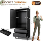Letaya Metal Armoire Wardrobe Closet with 2 Drawers,18" Deep Clothing Storage Cabinet with Doors and Shelves,Coat Closet with Hanging Rod,Bedroom,Home,Cloak Room-Black