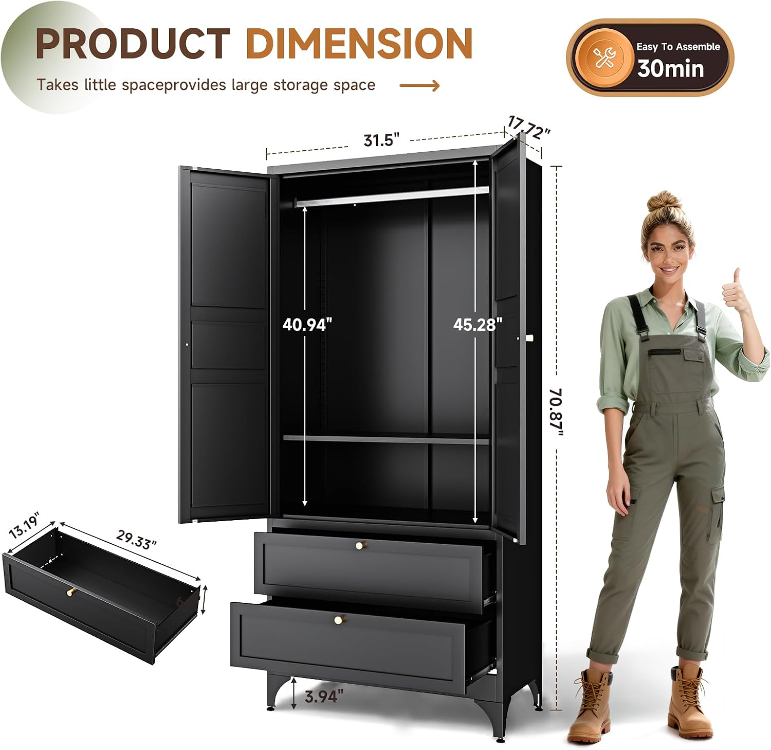Letaya Metal Armoire Wardrobe Closet with 2 Drawers,18" Deep Clothing Storage Cabinet with Doors and Shelves,Coat Closet with Hanging Rod,Bedroom,Home,Cloak Room-Black