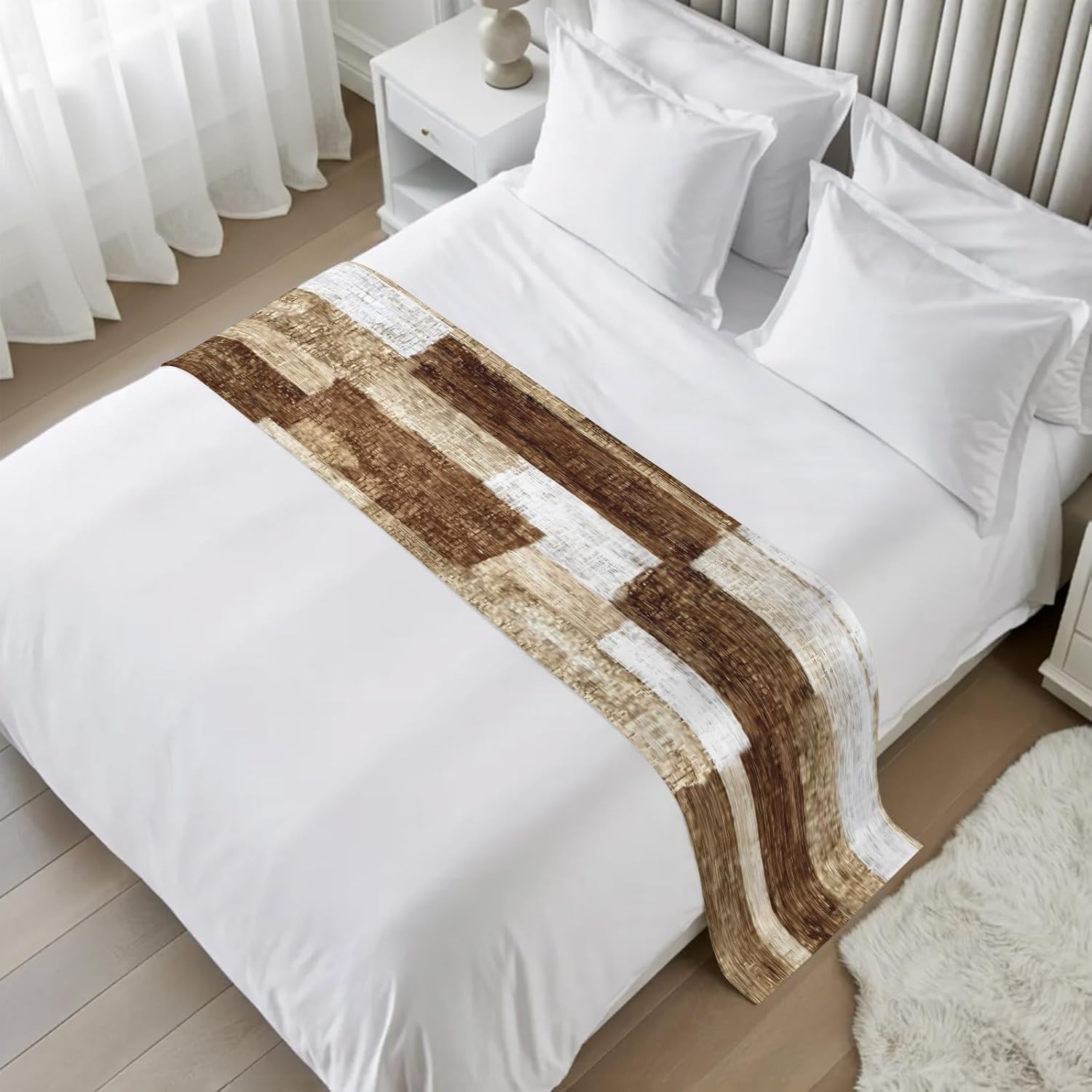 Bed Runner for Queen Size Beds, Patchwork Texture Decorative Bed Runners Scarves for Bedroom, Retro Rustic Blocks Abstract Linen Brown Washable Bedding Scarf Cover