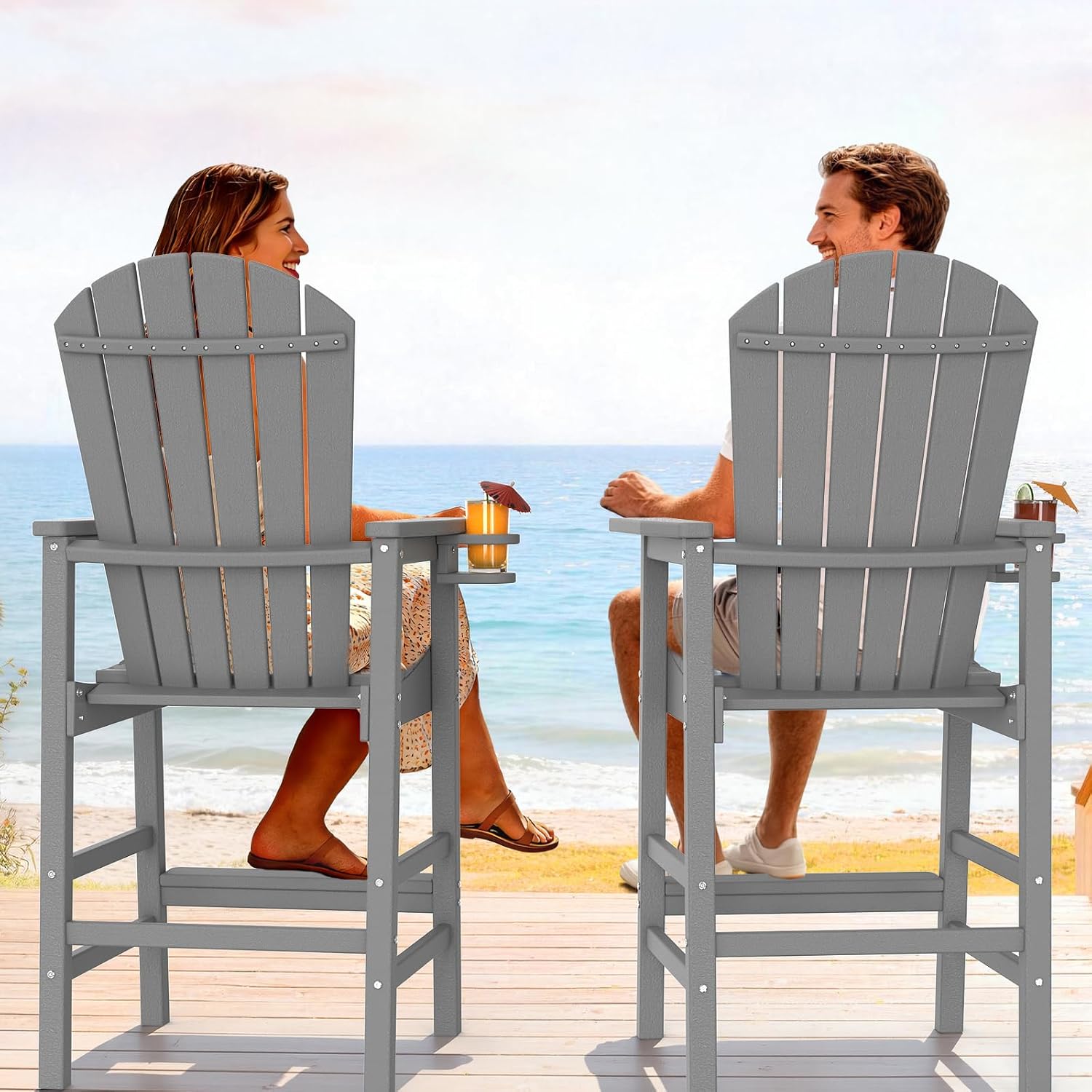 VINGLI Tall Adirondack Chairs Set of 2, All-Weather Plastic Adirondack Chair with Cup Holders, Heavy-Duty HDPE Outdoor Bar Stools for Patio, Balcony, Pool, Backyard (Gray, 2 PCS)