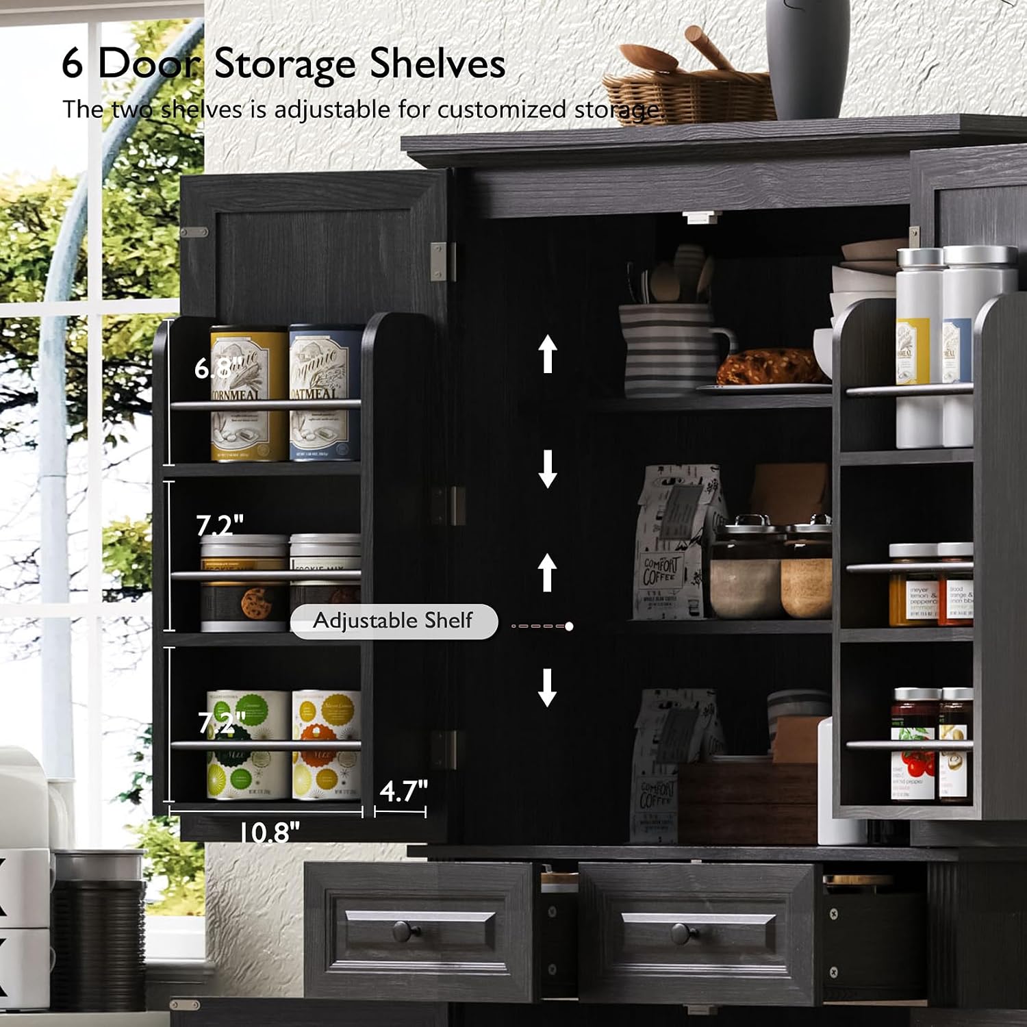 71.2" Tall Kitchen Pantry Cabinet, Farmhouse Wood Pantry with 4 Doors and 2 Drawers Freestanding Cupboard Storage Organizers for Home Kitchen Dining Room, Black