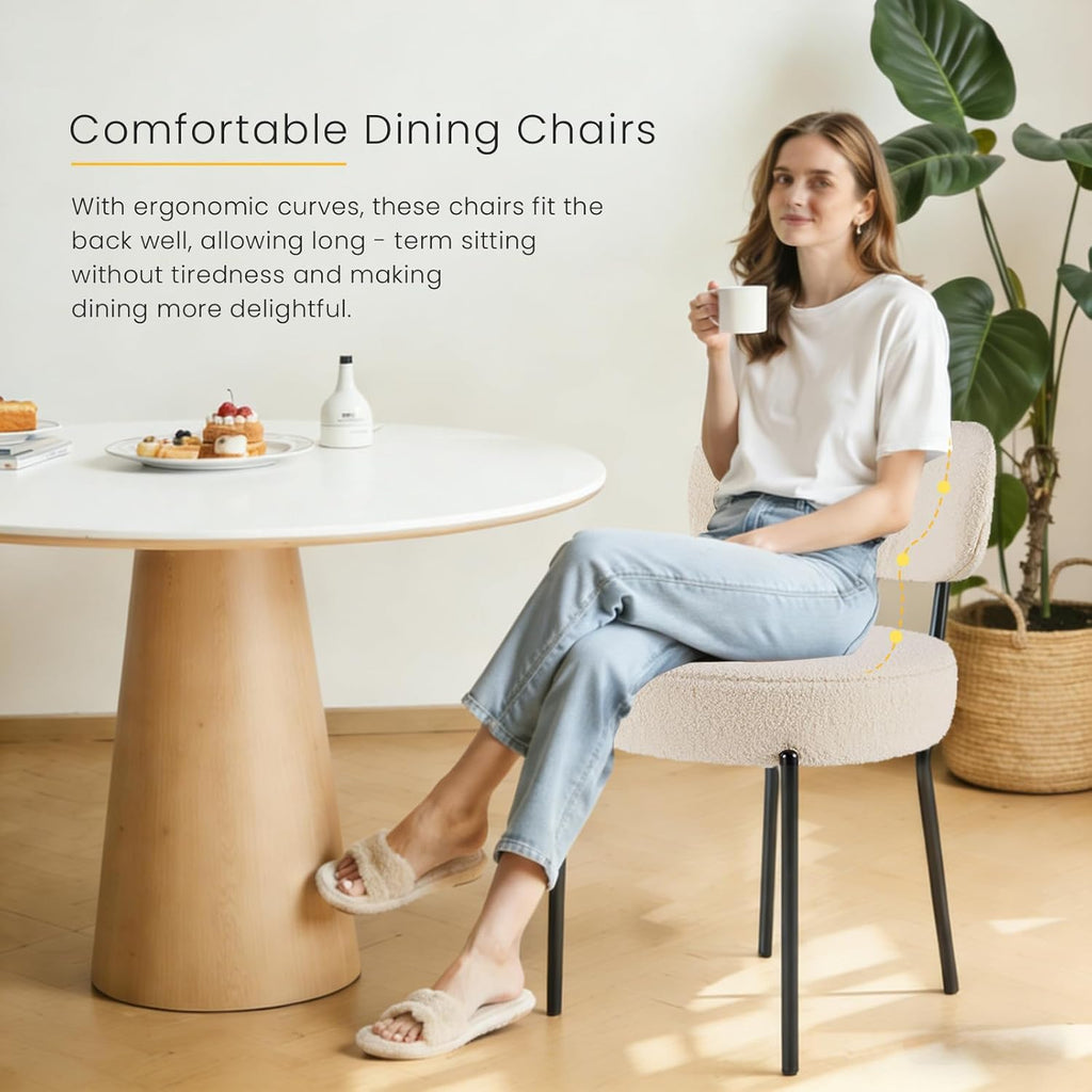 DUMOS Dining Chairs Set of 4, Mid Century Modern Chair Round Upholstered Curved Backrest, Kitchen Vanity Living Room Chairs with Black Metal Legs，Light Beige