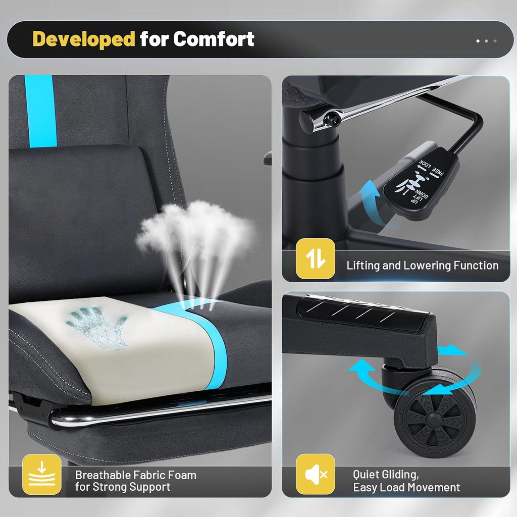 Gaming Chair with footrest,6D armrests for Gamer Chair,360° Perfectly Support Your Elbows and Wrists,Breathable Suede Fabric and 155° Recline with lumb Support(Dark Gray-Blue) (Grey-Blue)