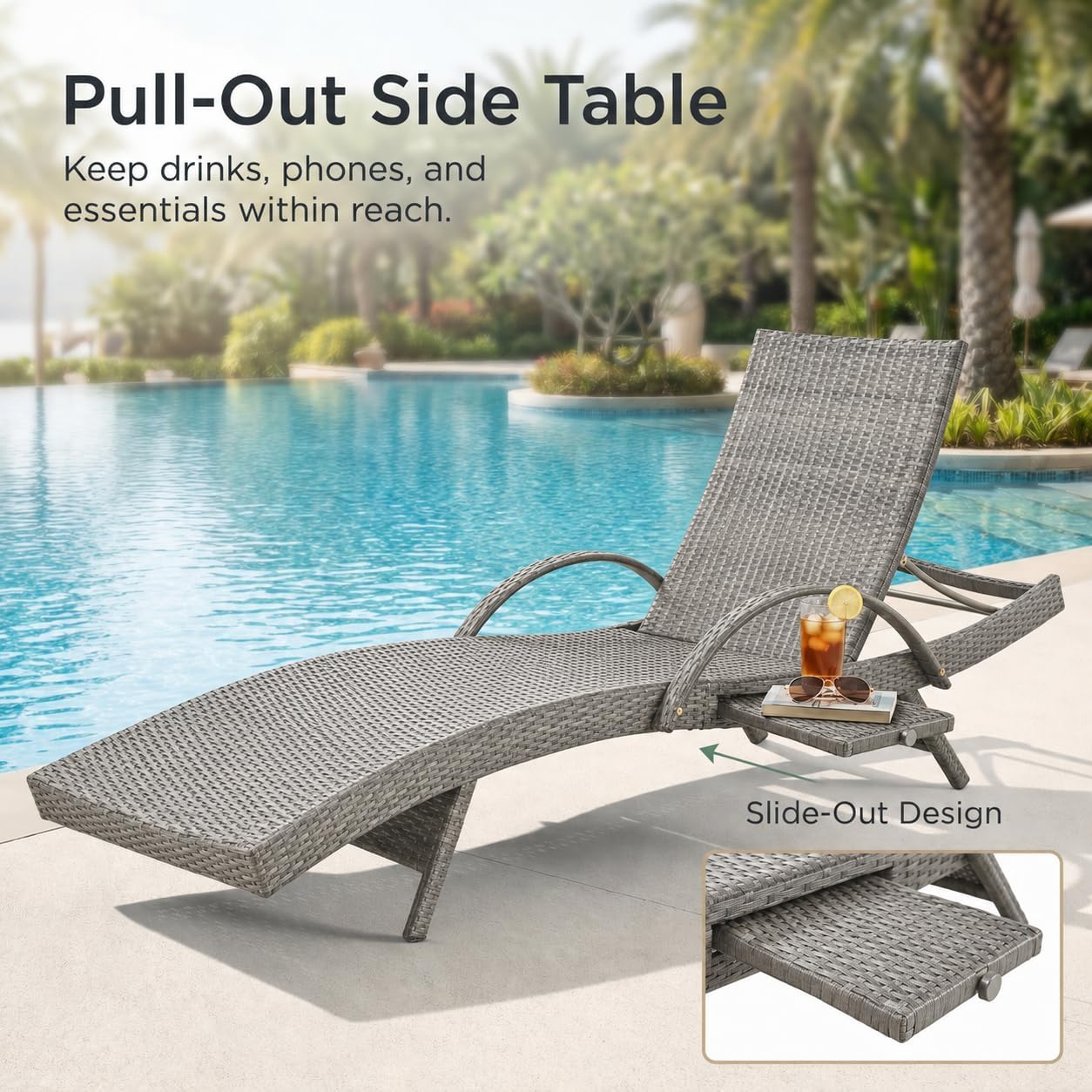 Wicker Outdoor Chaise Lounge Chairs Set of 2, Patio Rattan Reclining Chairs with Pull-Out Side Table, 4-Level Adjustable Backrest, Waterproof Tanning Chairs for Poolside, Beach & Backyard Use, Gray