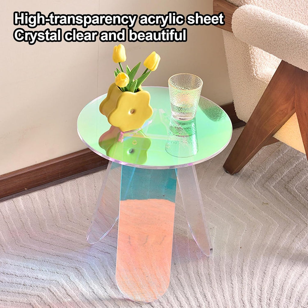 Round Iridescent Side Table, Acrylic Coffee Table, Modern Accent Tablé, Easy Assemble, for Small Space Living Room(Colorful,15.7x17.7)