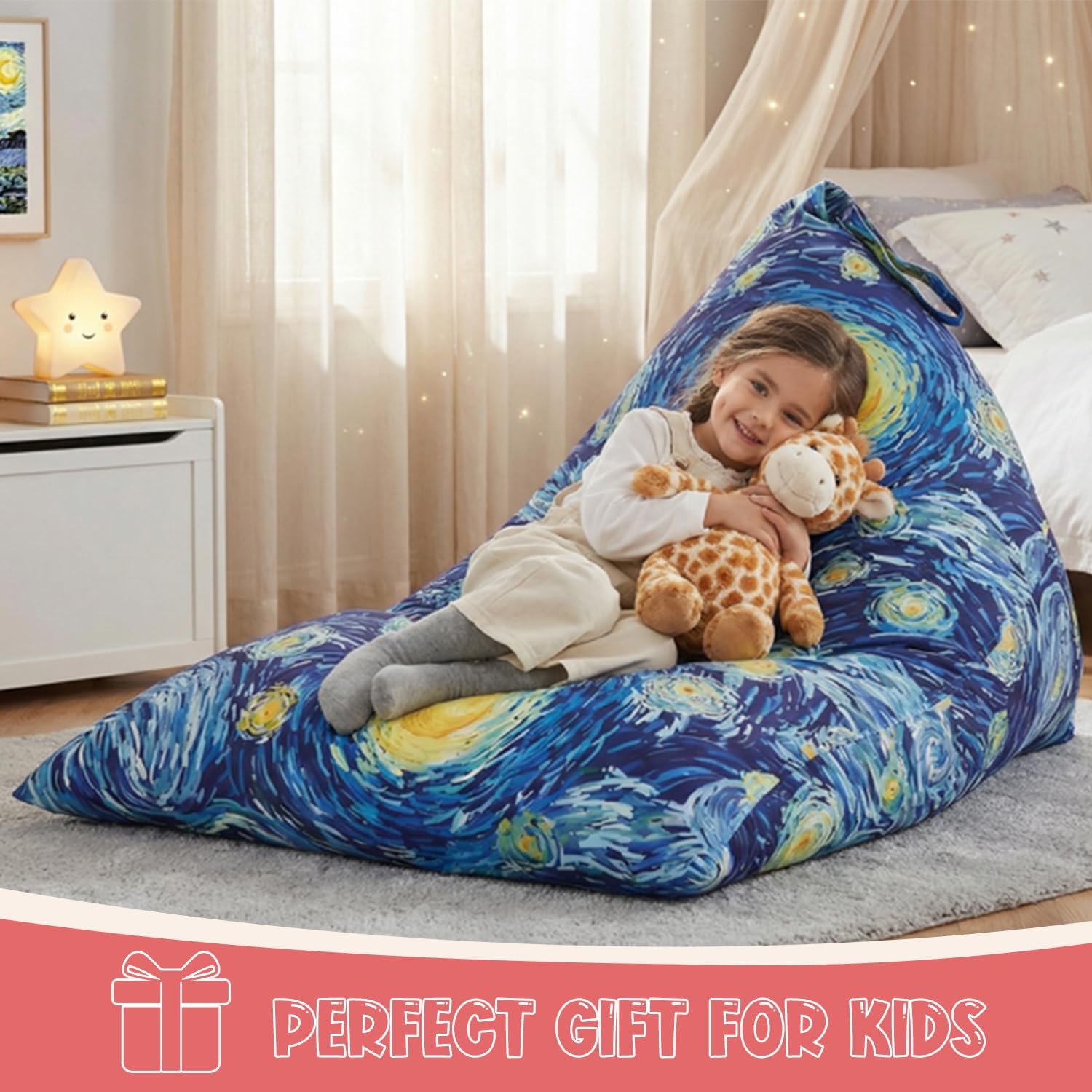 Stuffed Animal Storage Bean Bag Chair Cover for Kids Teens (No Filler) 250L Washable Large Beanbag Cover for Kids' Room Organizing Plush Toys or Home Living Room Textile,Starry Night
