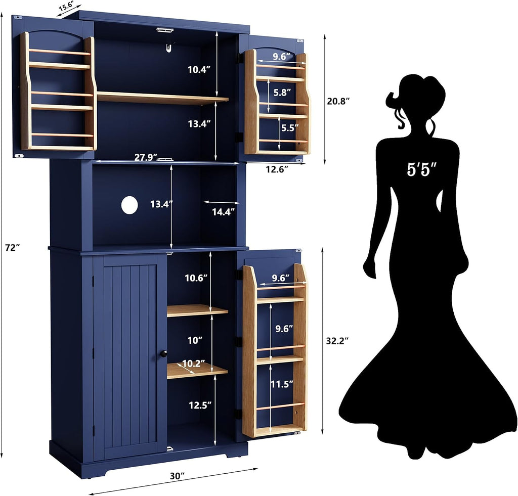 HLR 72" Kitchen Pantry Storage Cabinet with Open Countertop, Freestanding Larder Cupboard with Microwave Stand, Utility Laundry Room Storage Cabinet with Doors and Shelves for Dining Room, Living Room