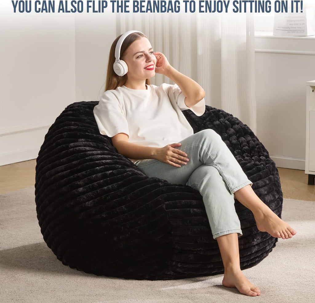 Hobestluk Adult Bean Bag Chair Giant Beanbag with Filling Living Room 3FT | Black Large Big Oversized Bean Bag Chair Memory Foam Filling Machine Washable Fluffy Cover Bedroom Dorm Reading Gaming