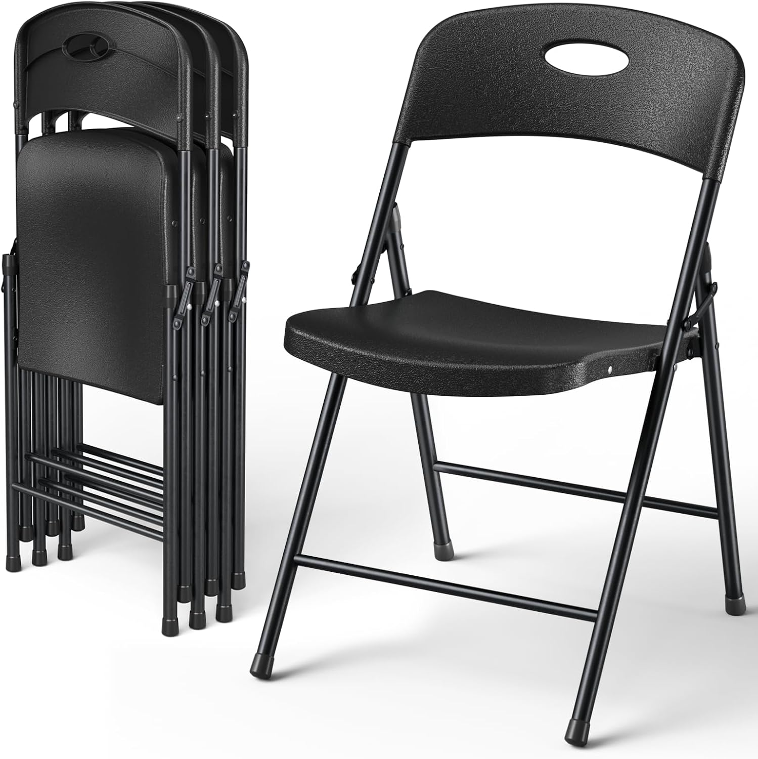 Folding Chairs 4 Pack, Outdoor Portable Foldable Chair with Steel Frame, 300lbs Capacity Heavy Duty Metal Black Plastic Folding Chairs for Patio, Picnic, Kitchen, Dining