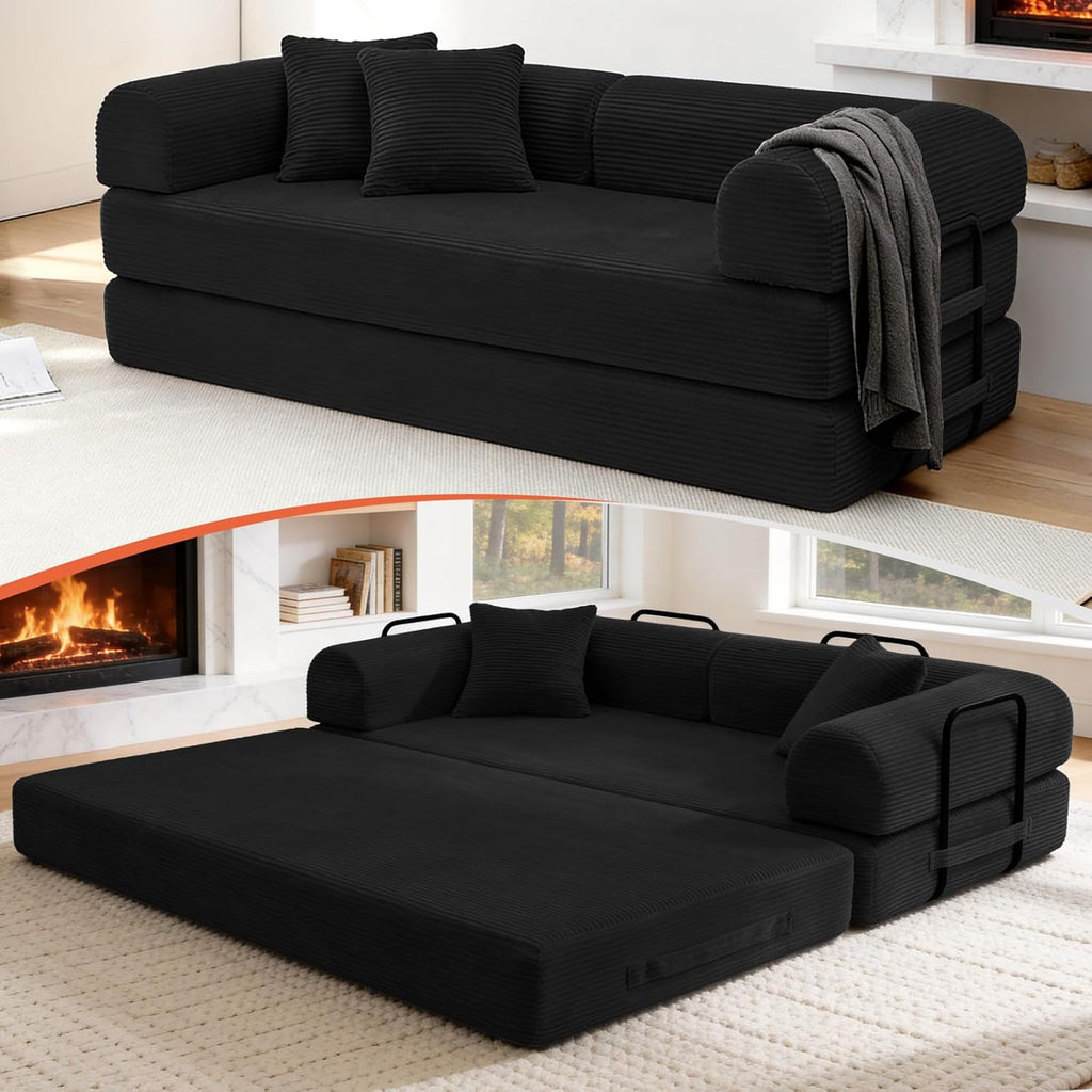 79'' Convertible Sofa Bed, Boneless Couch-in-a-Box, Corduroy Floor Futon Loveseat Sleeper, 26'' Deep Seat, Removable Machine-Wash Covers, No Assembly, 2 Pillows, Black