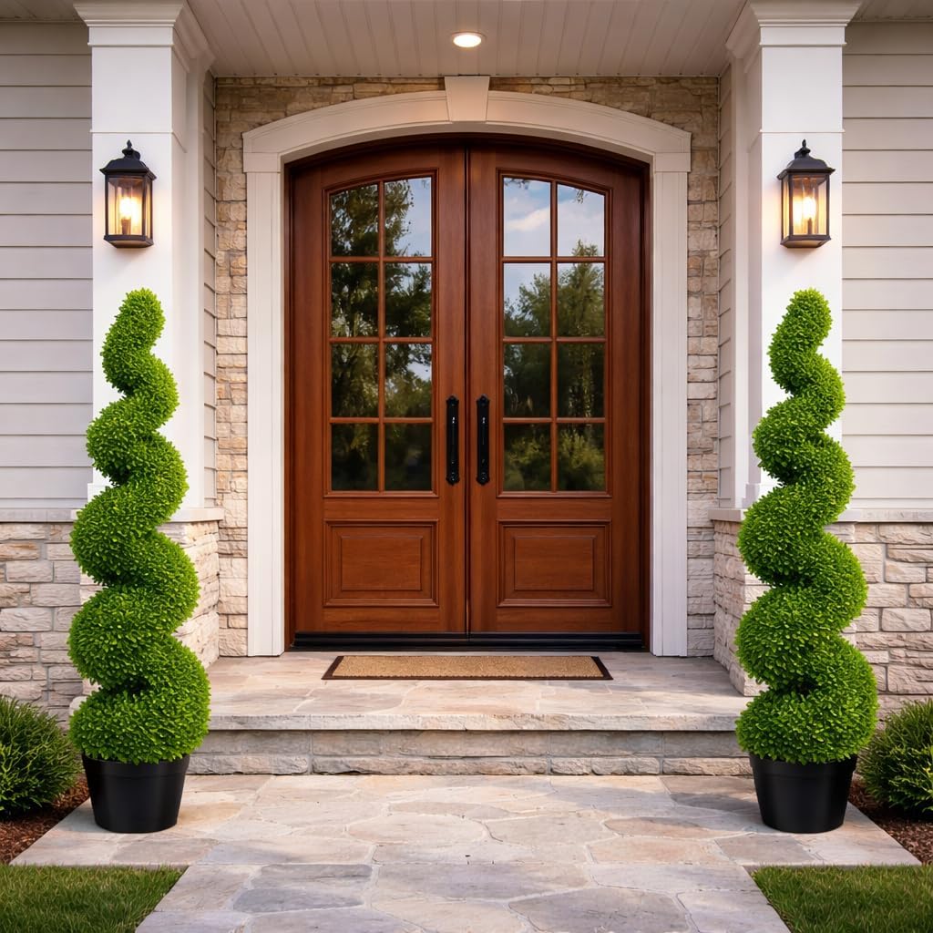 5ft Artificial Boxwood Spiral Tree Set (2 Pcs), Artificial Topiary For Outdoors With Weighted Pot, Outdoor Artificial Plants For Outdoor & Indoor Decoration, Boxwood Topiary, Artificial Outdoor Plants