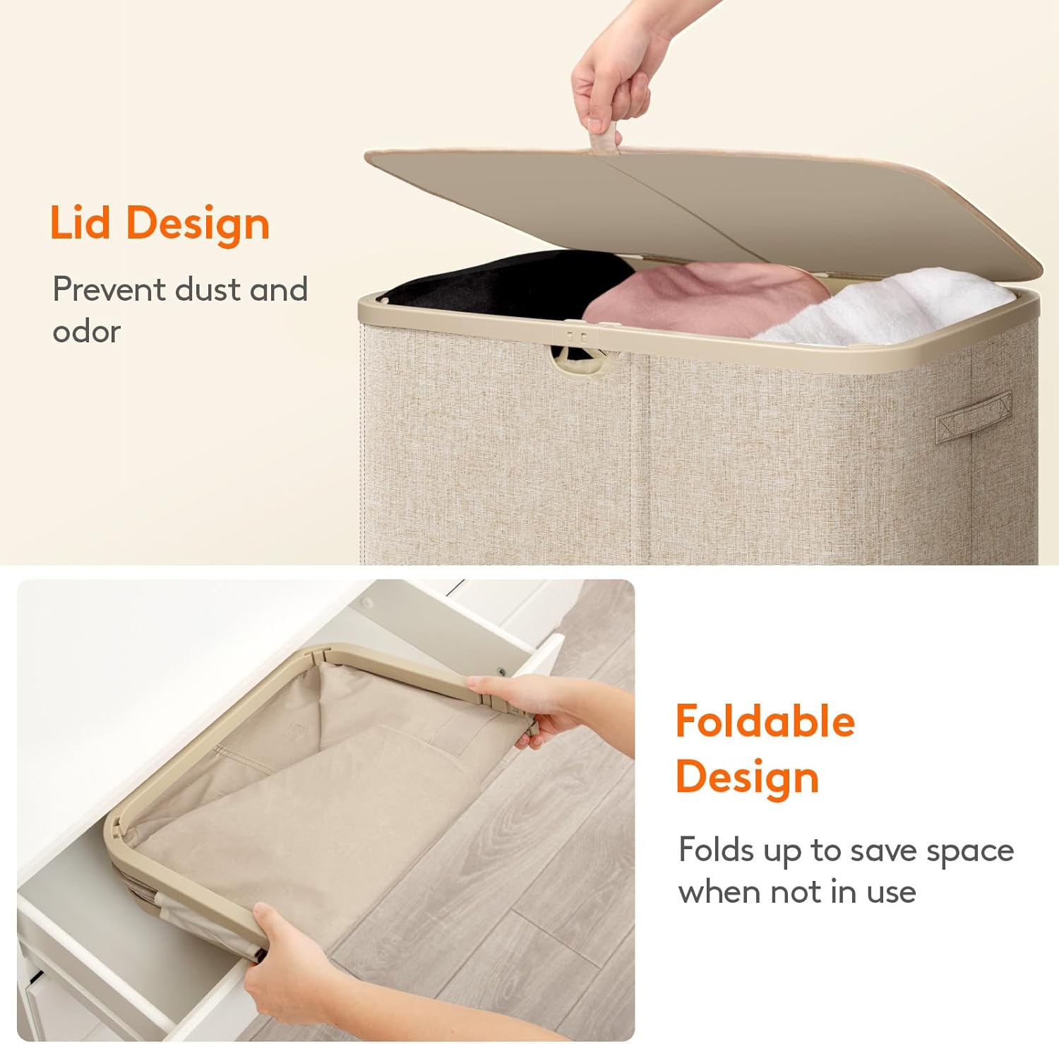 Lifewit 185L Large 3 Section Laundry Hamper with Lid, Plastic Laundry Basket with Bamboo Handles and Removable Bags, Tall Foldable Clothes Hamper for Bathroom Bedroom, Beige