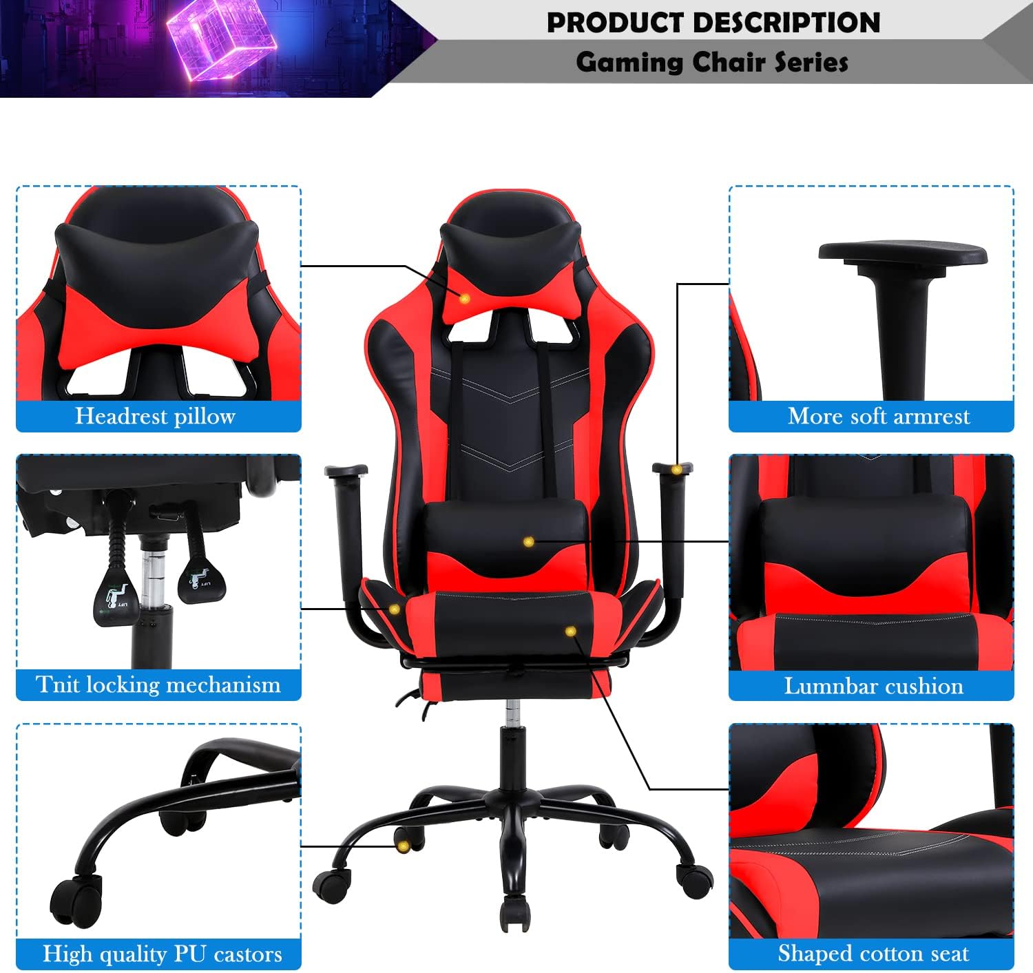 Gaming Chair Racing Style Office Computer Game Chair Ergonomic Desk Chair with Headrest Lumbar Support,High Back Gamer Office Chair Massage Recliner Video Game Chairs for Kids or Adults,Red