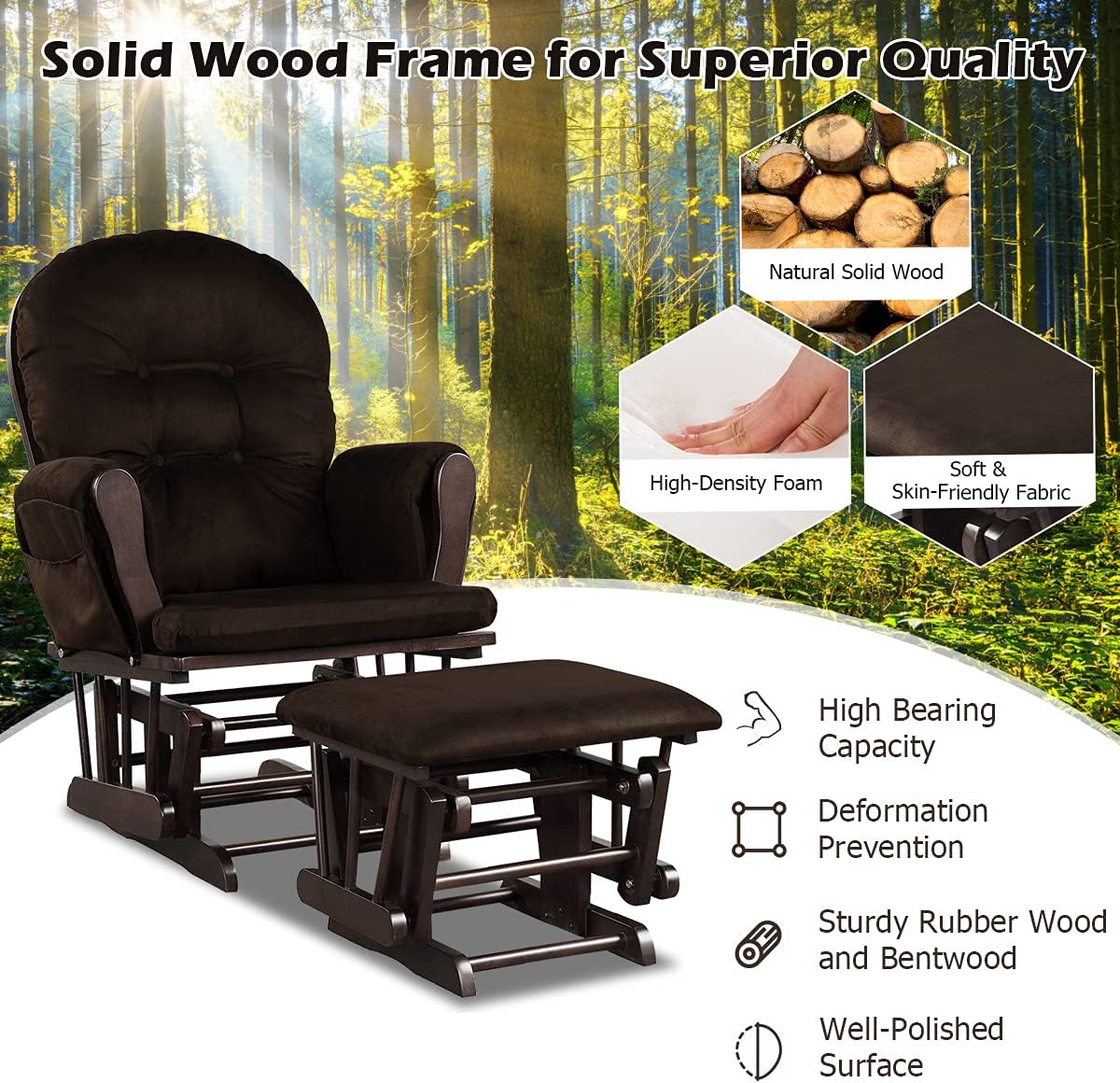 Costzon Glider and Ottoman Set, Wood Glider Rocker for Nursery, Upholstered Comfort Nursing Rocking Chair with Storage Pocket, Padded Armrests & Detachable Cushion, Easy to Assemble (Brown)