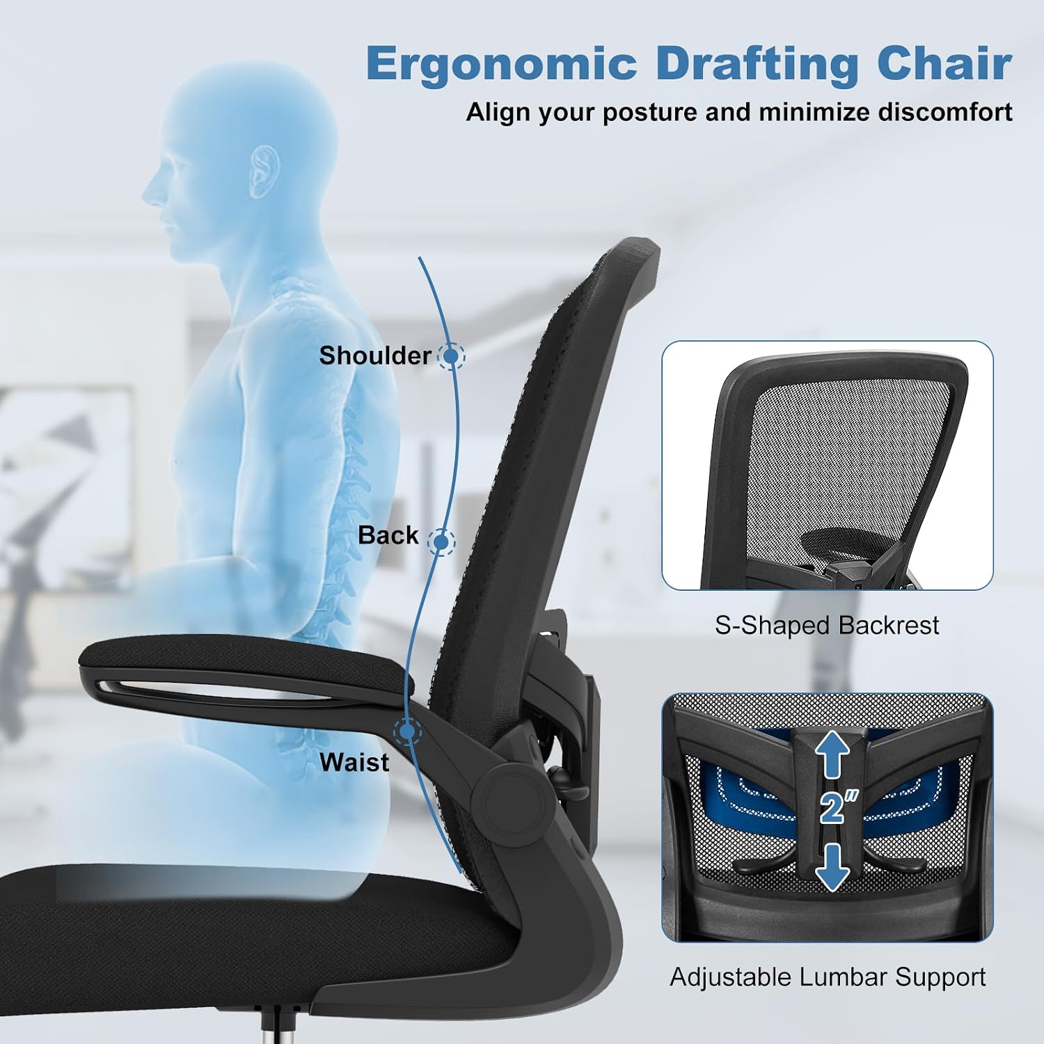 POWERSTONE Drafting Chair, Ergonomic Tall Office Chair for Standing Desk with 3IN Thick Cushion, Flip-up Arm, Adjustable Back Support & Footrest Workbench Rolling Stool Computer Chair (Black 1PCS)