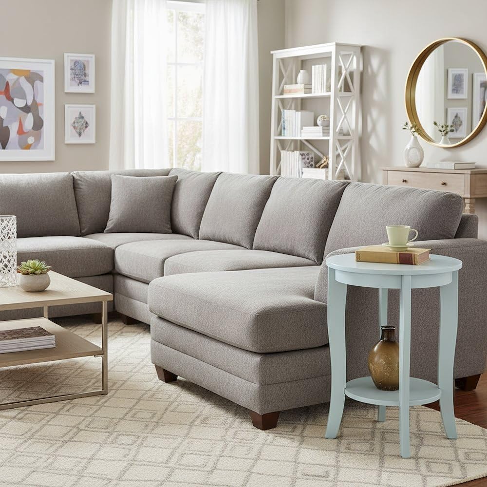 Furnifact Round End Table with Lower Storage Shelf, Modern Accent Side Table for Living Room, Quick Assembly, Light Blue Finish