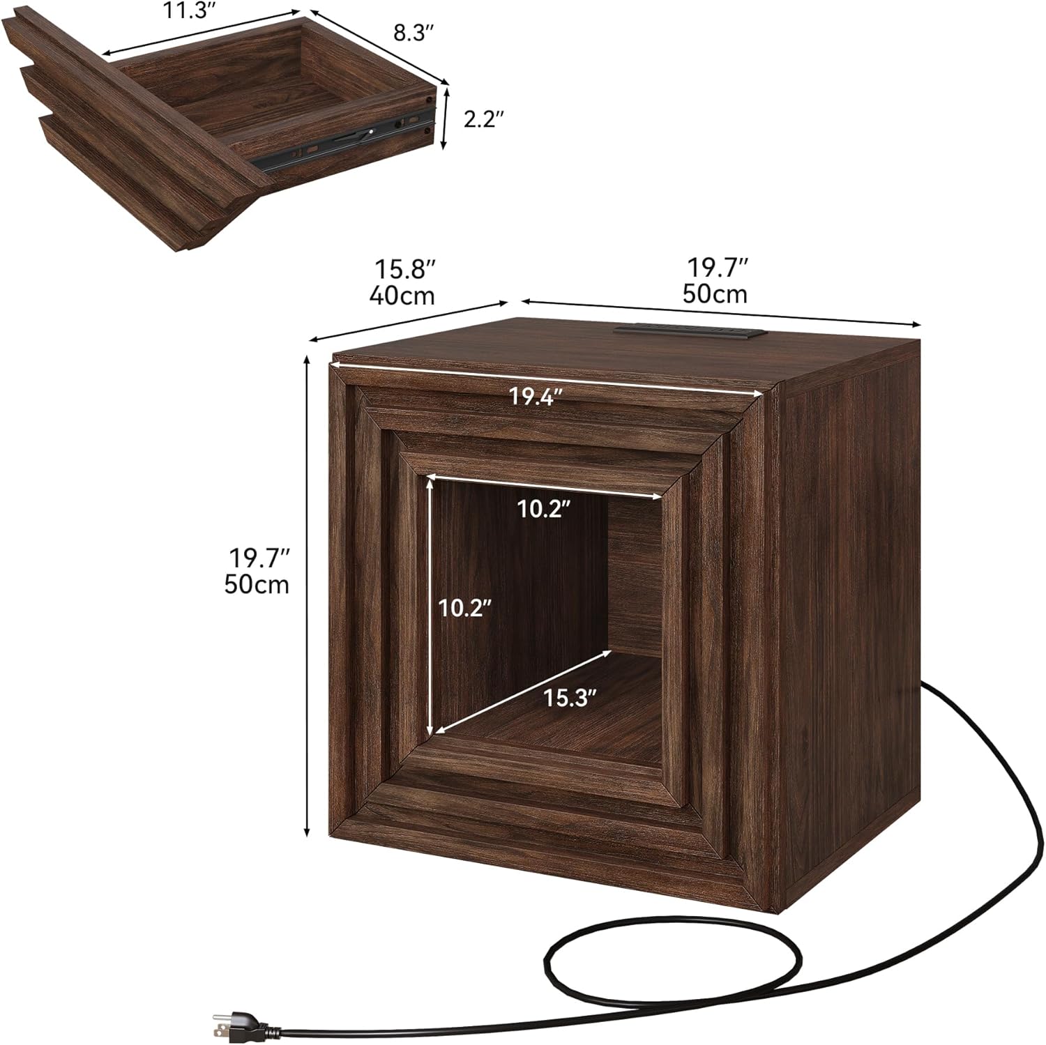 YITAHOME Farmhouse End Table, 2-Tier Square Night Stand with Drawer & Charging Station, Couch Sofa Side Table with Anti Tipping Kits for Living Room, Lounge, Hallway, Rustic Walnut